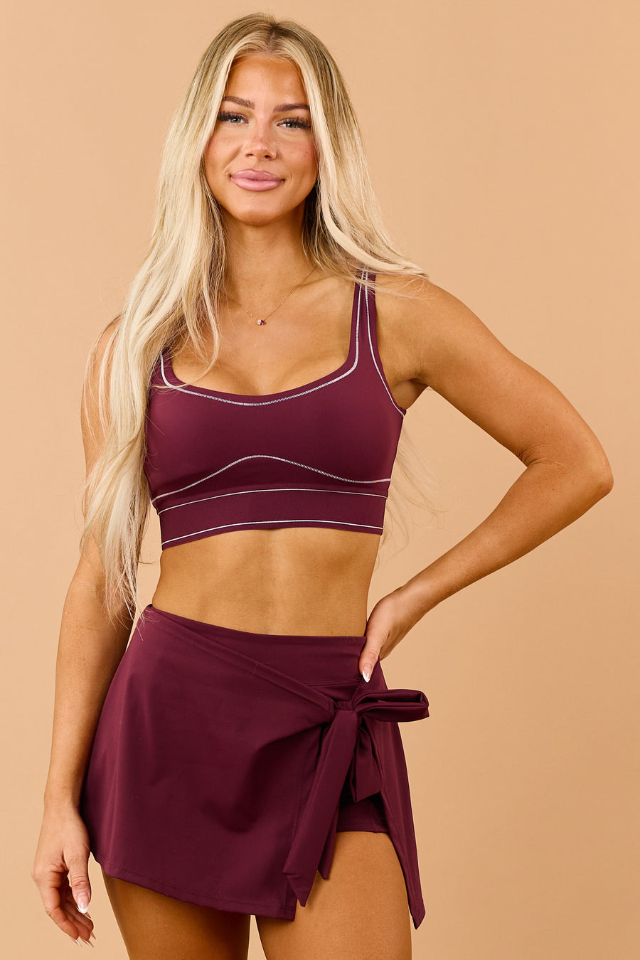 Maroon Elastic Contrast Stitch Sports Bra