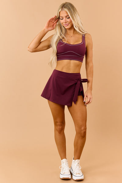 Maroon Elastic Contrast Stitch Sports Bra