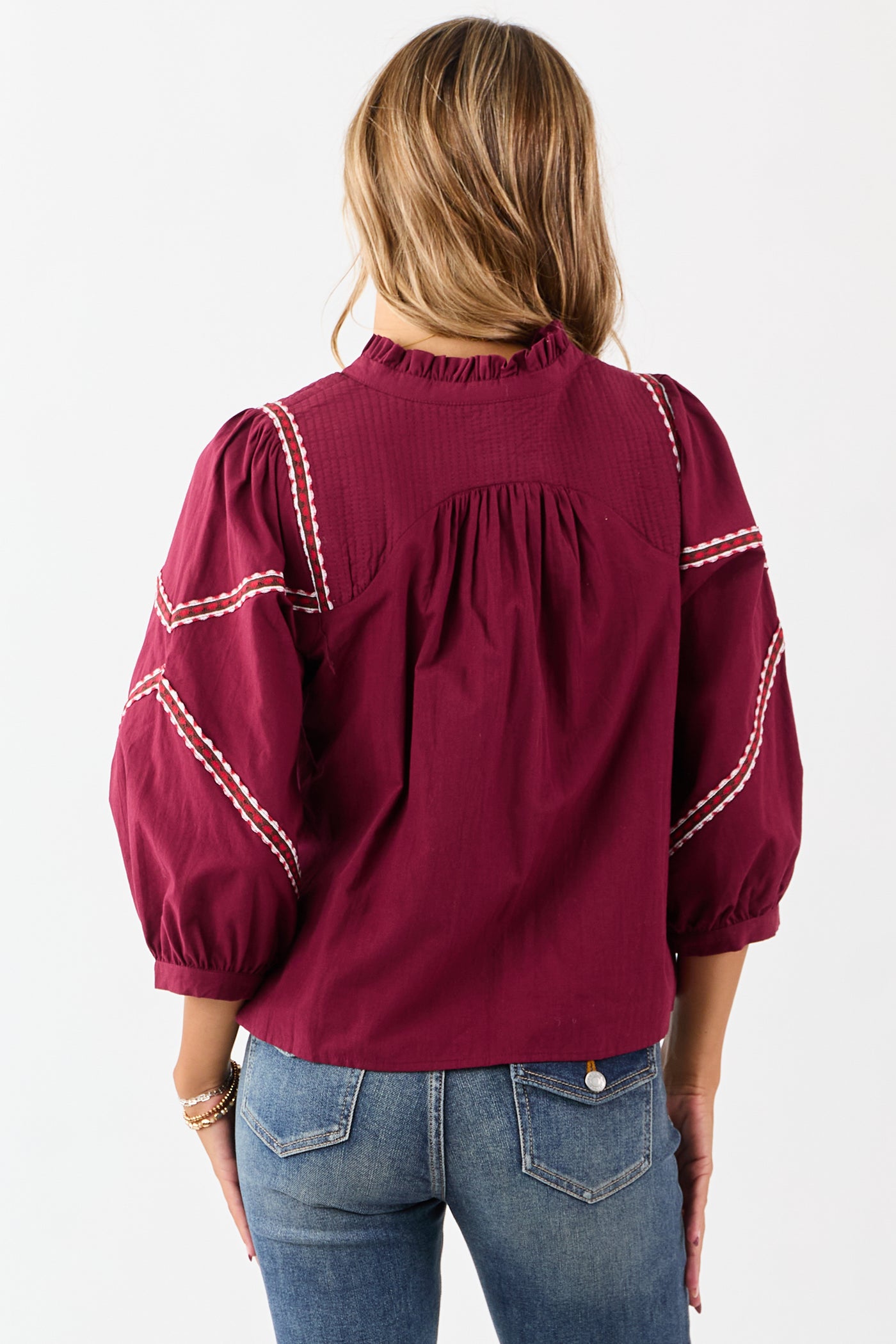 Maroon Embroidered Trim Babydoll Cotton Blouse