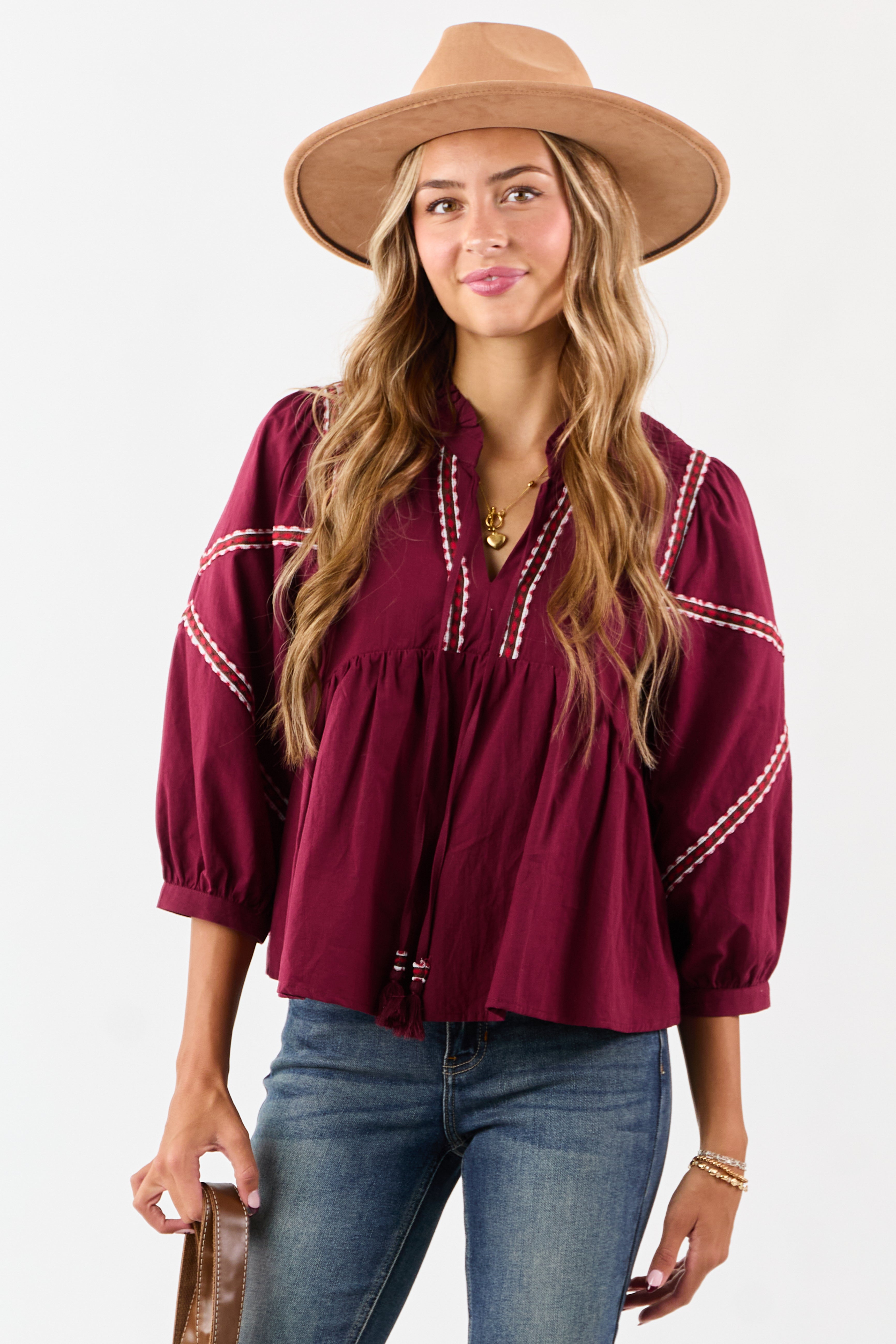 Maroon Embroidered Trim Babydoll Cotton Blouse | Lime Lush Boutique