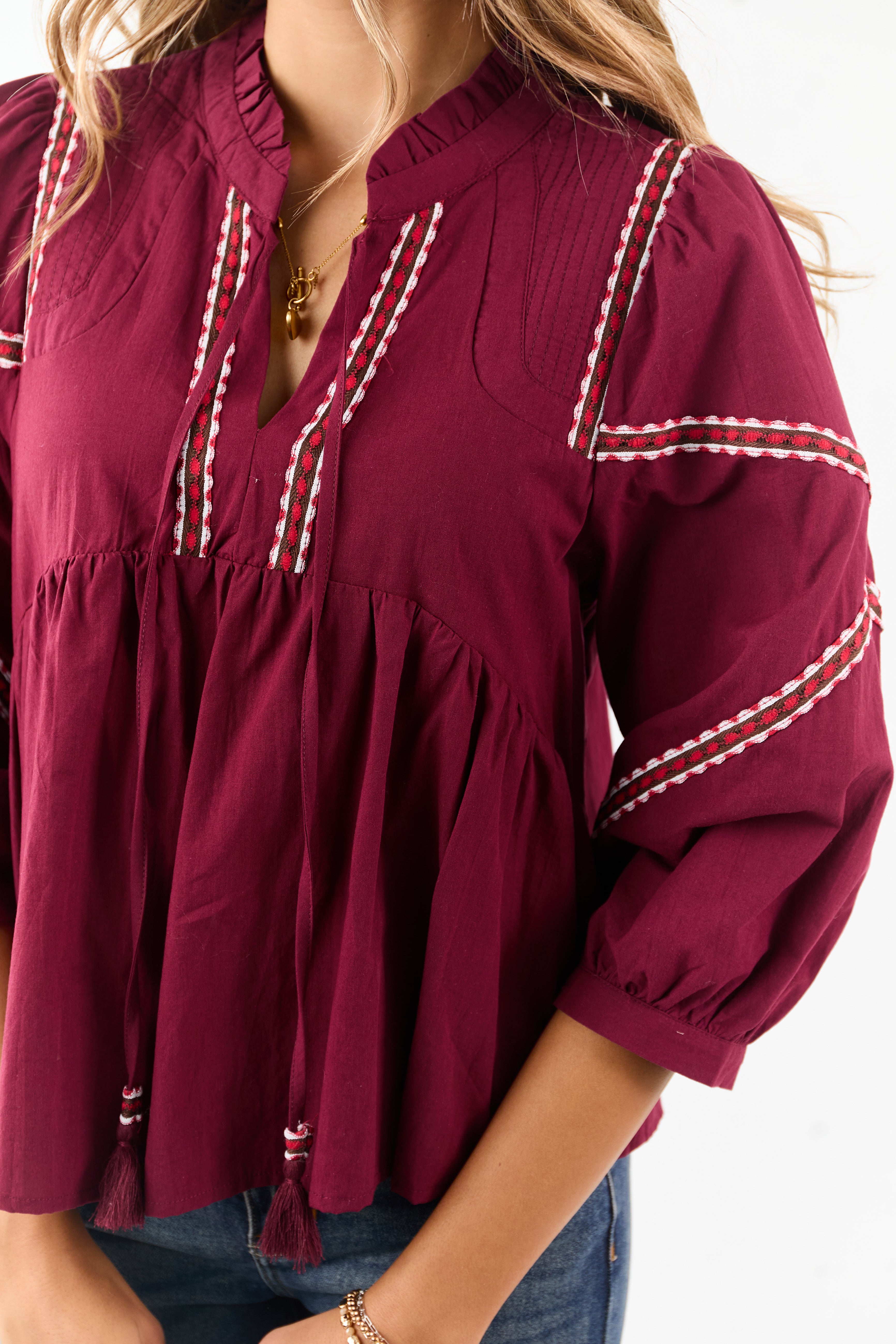 Maroon Embroidered Trim Babydoll Cotton Blouse | Lime Lush Boutique