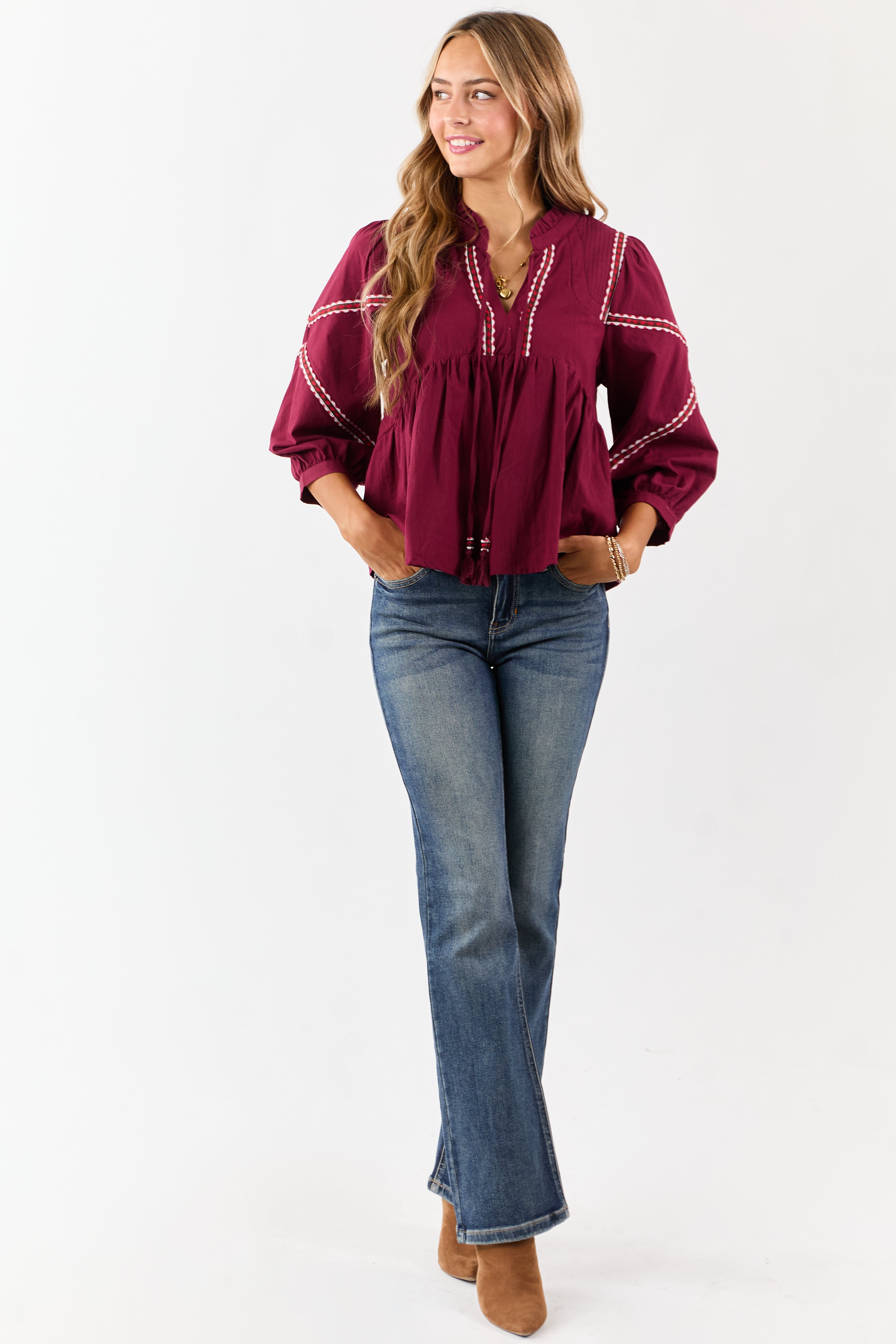 Maroon Embroidered Trim Babydoll Cotton Blouse