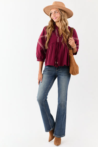 Maroon Embroidered Trim Babydoll Cotton Blouse