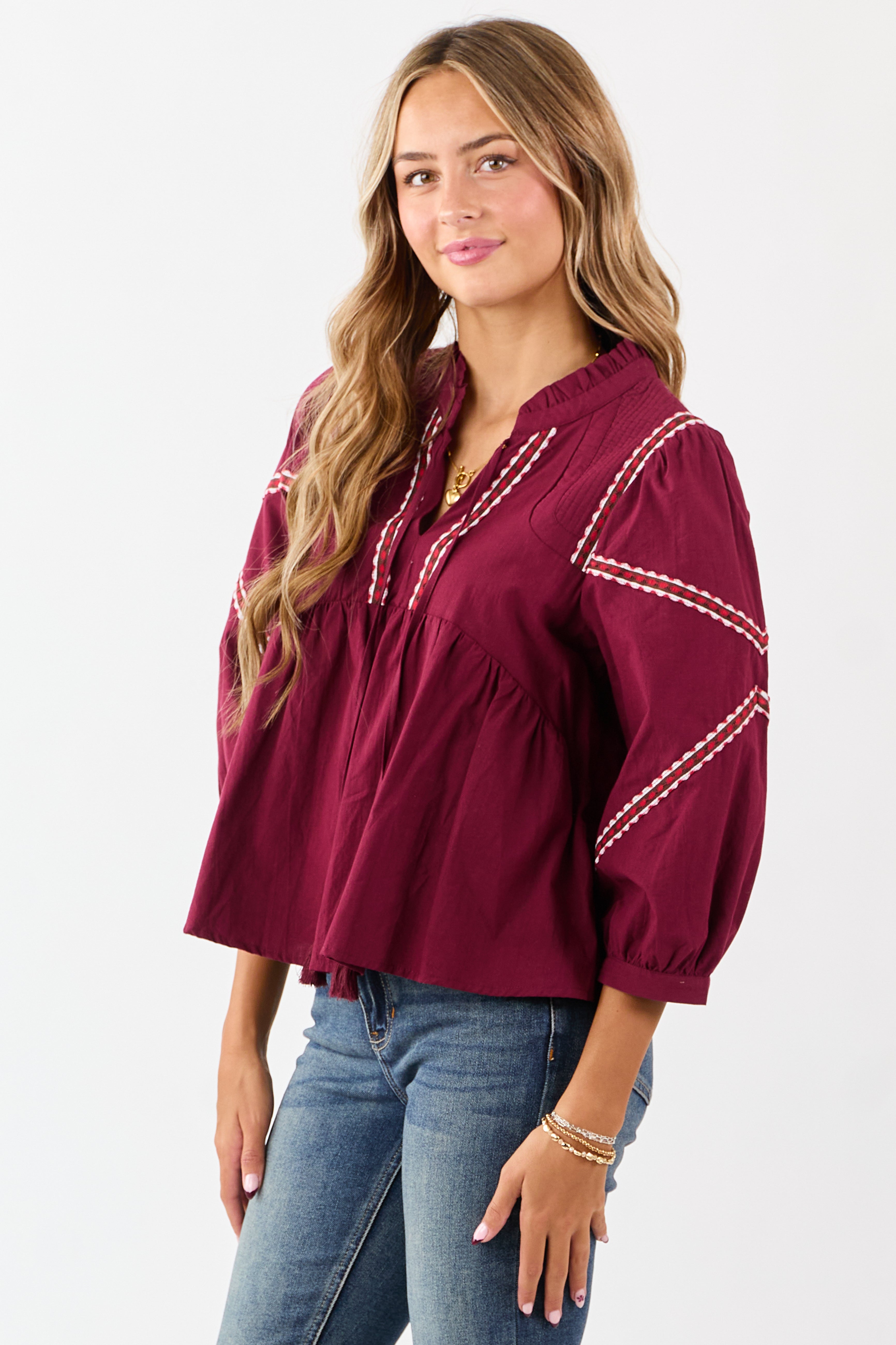 Maroon Embroidered Trim Babydoll Cotton Blouse