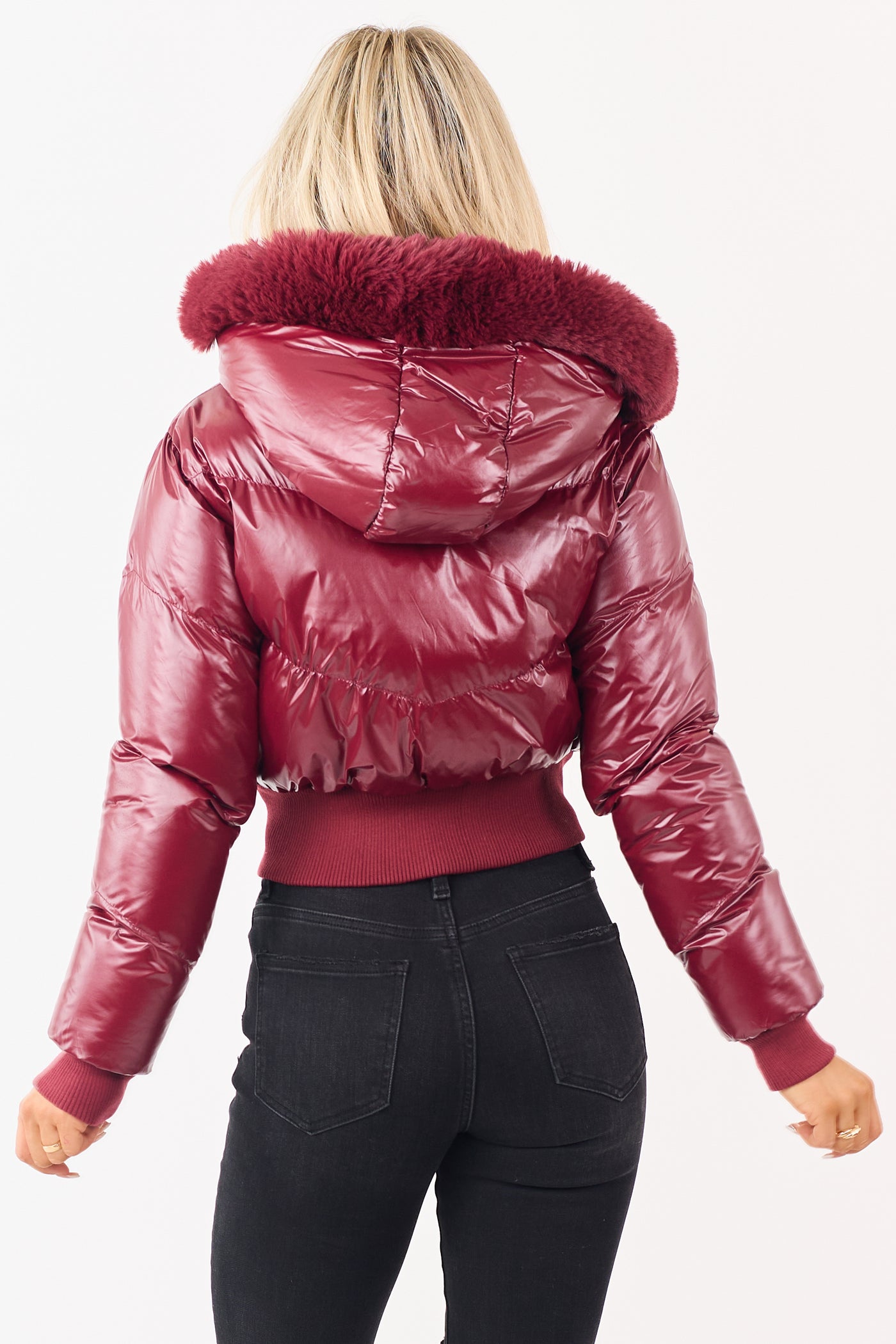 Maroon Faux Fur Lined Hood Zip Up Puffer Jacket