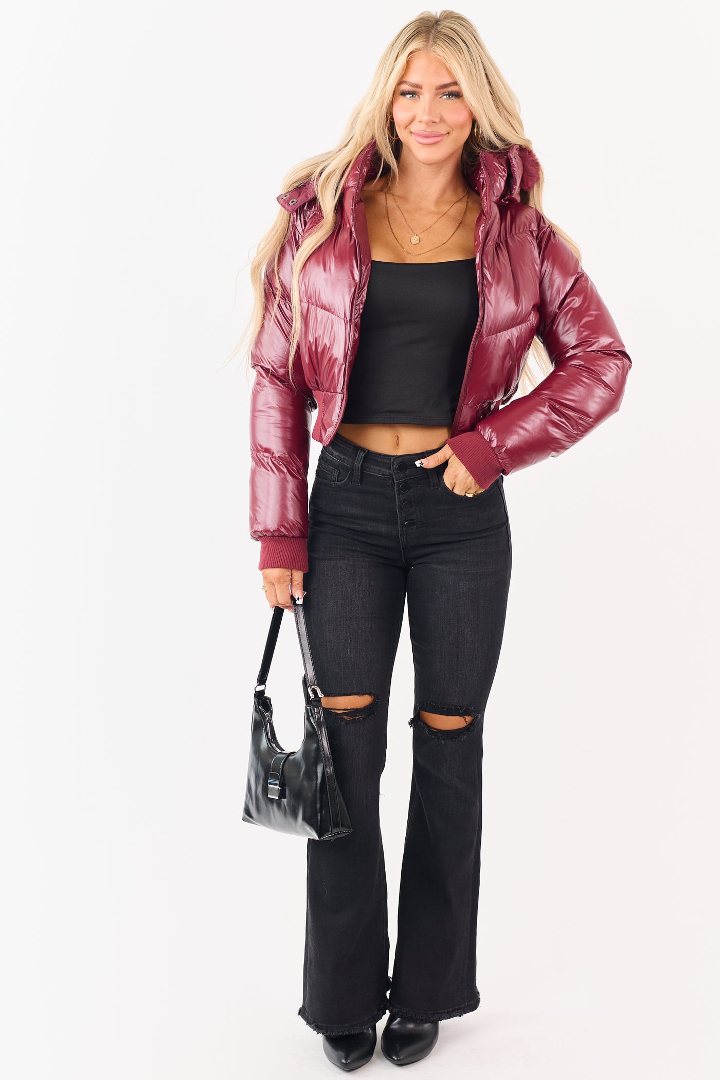 Maroon Faux Fur Lined Hood Zip Up Puffer Jacket