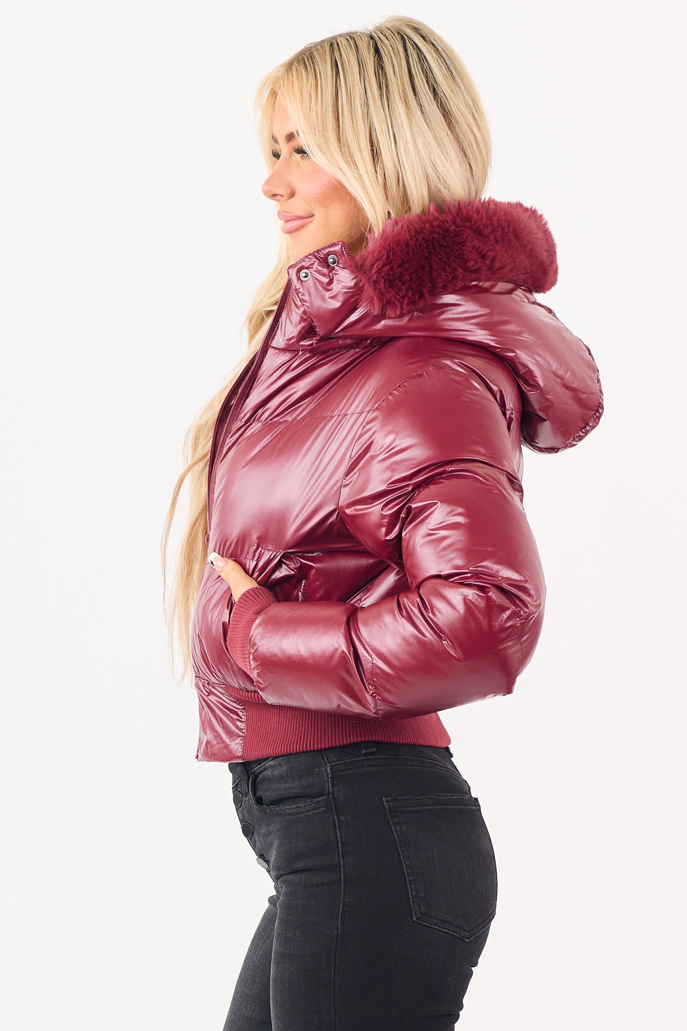 Maroon Faux Fur Lined Hood Zip Up Puffer Jacket
