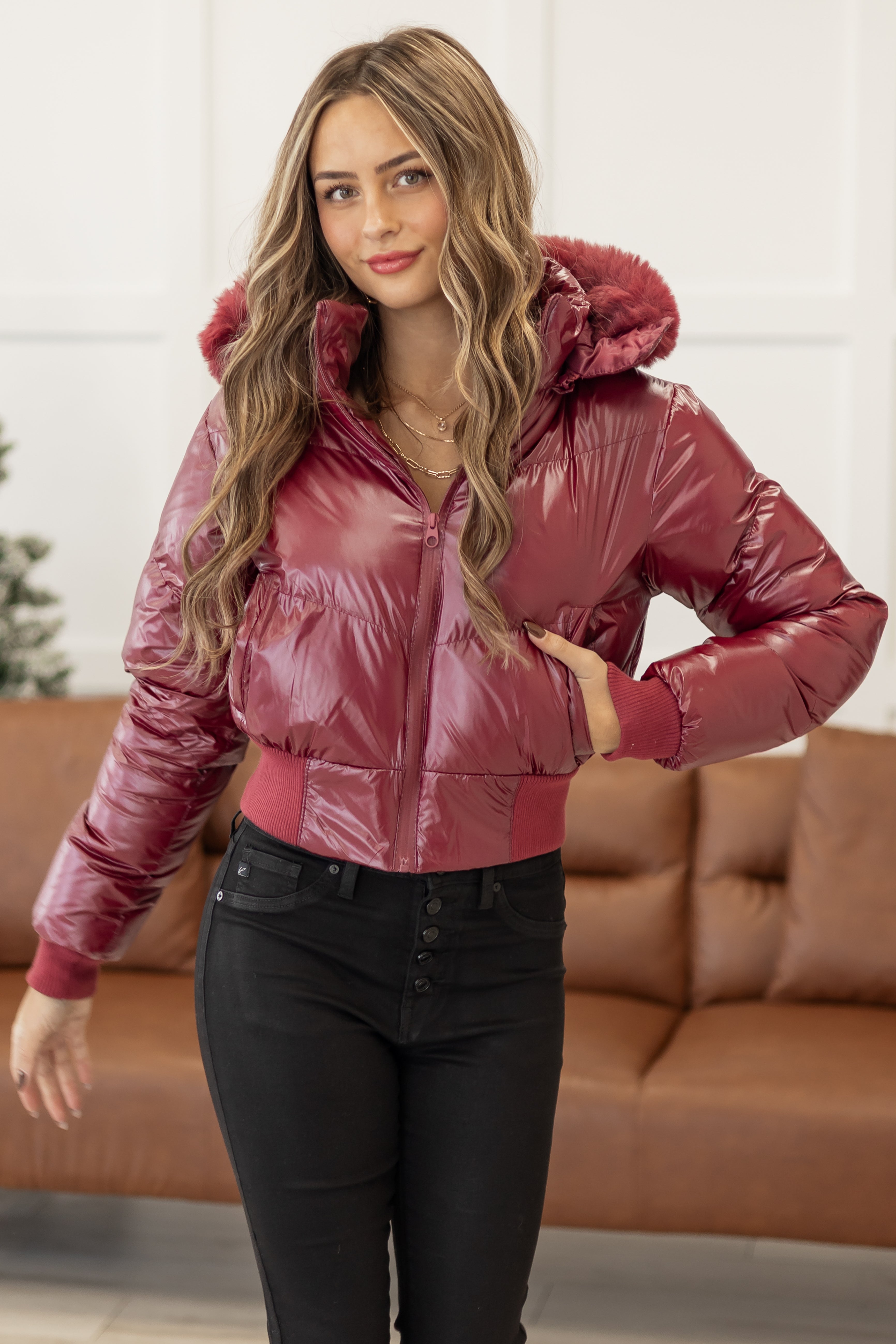 Maroon Faux Fur Lined Hood Zip Up Puffer Jacket