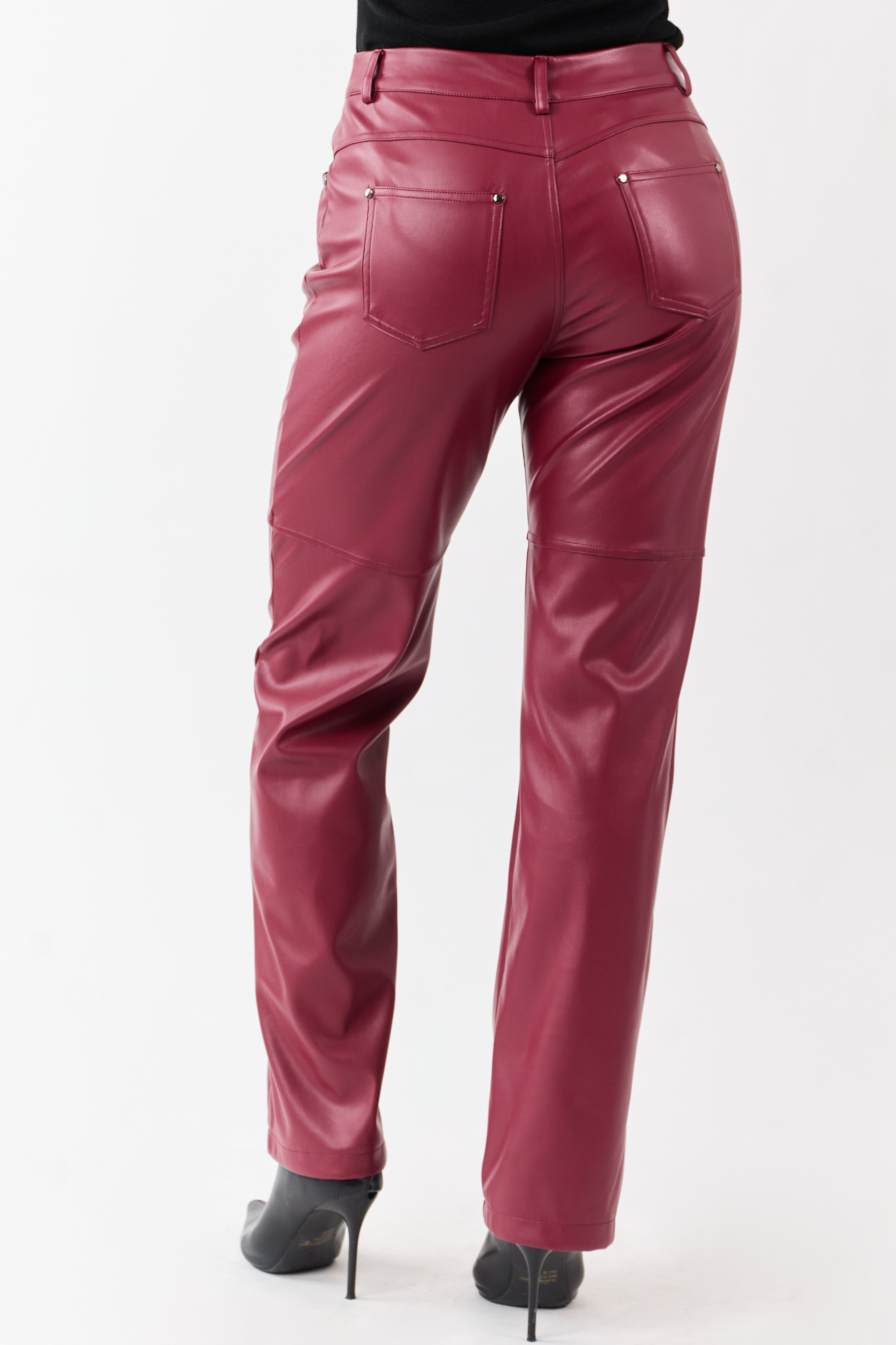 Maroon Faux Leather High Rise Straight Pants
