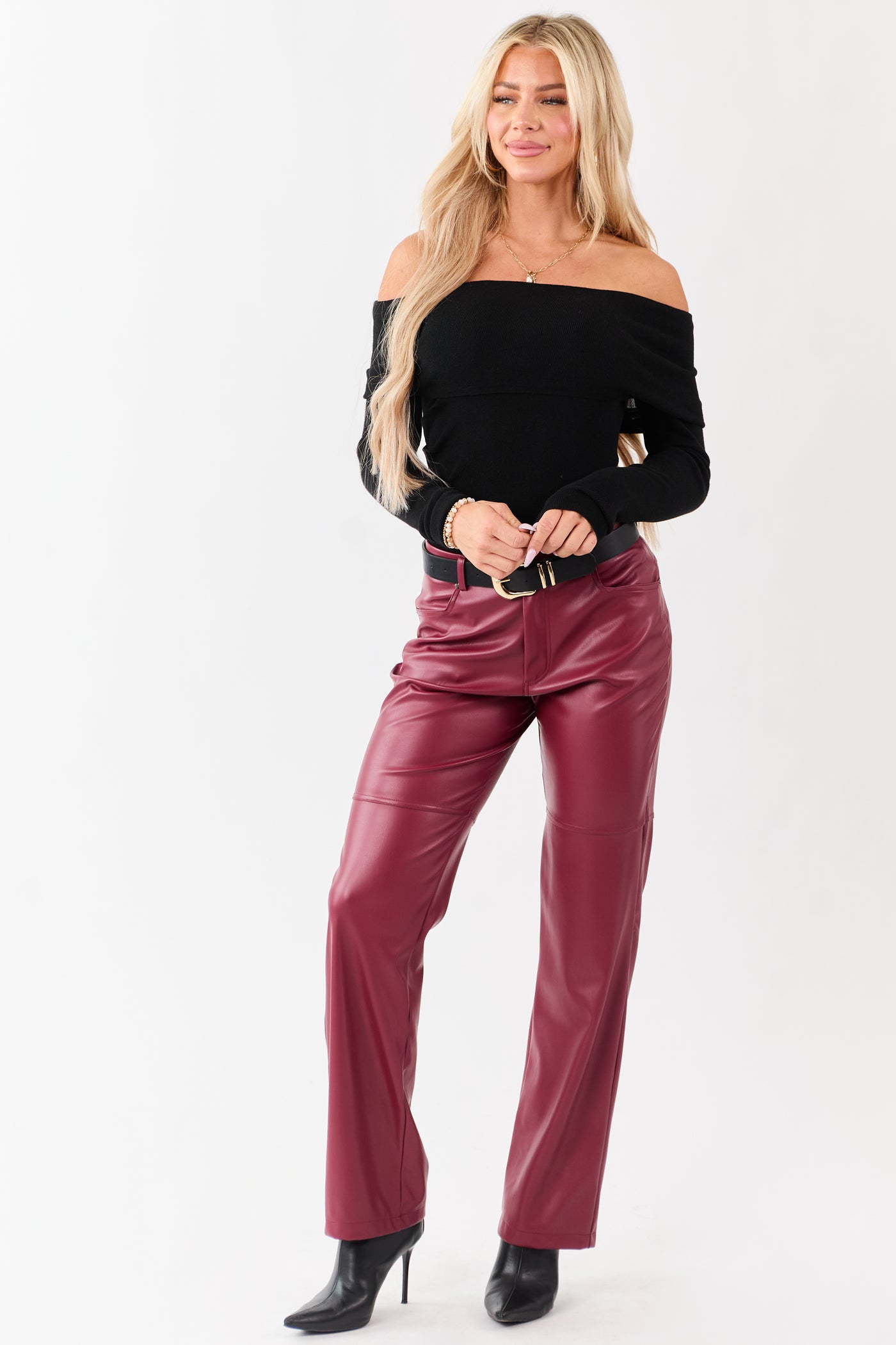 Maroon Faux Leather High Rise Straight Pants
