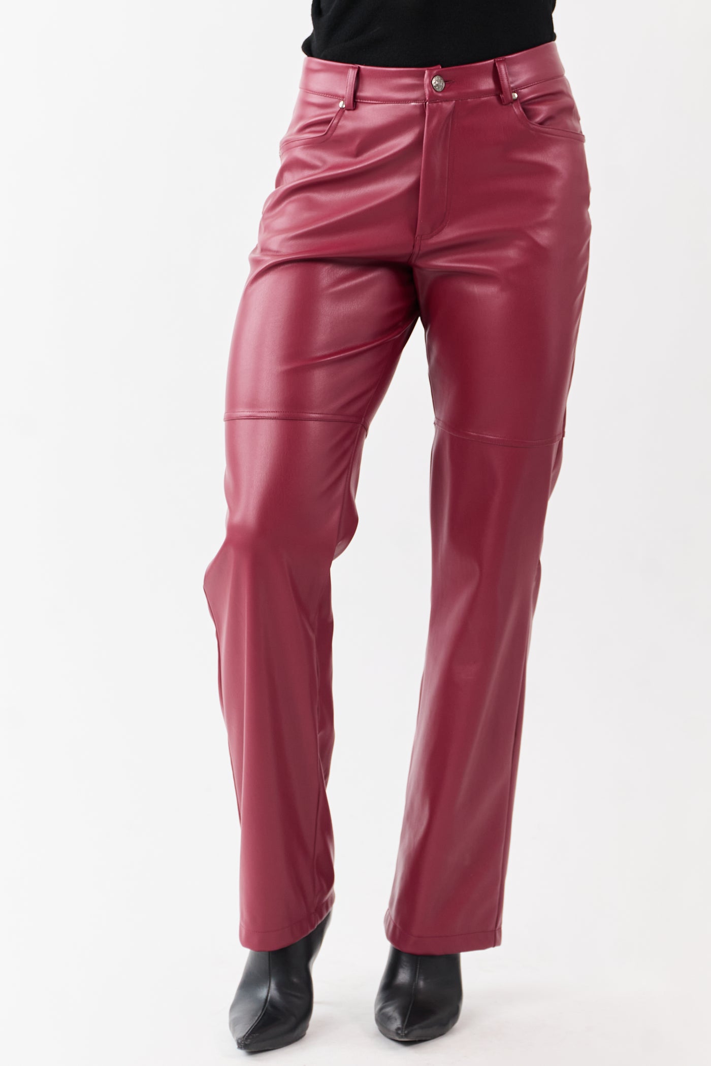 Maroon Faux Leather High Rise Straight Pants