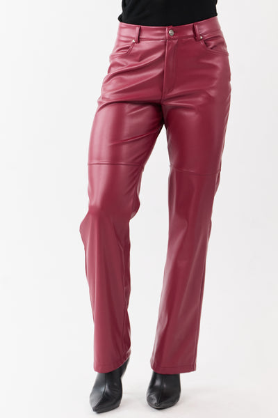 Maroon Faux Leather High Rise Straight Pants