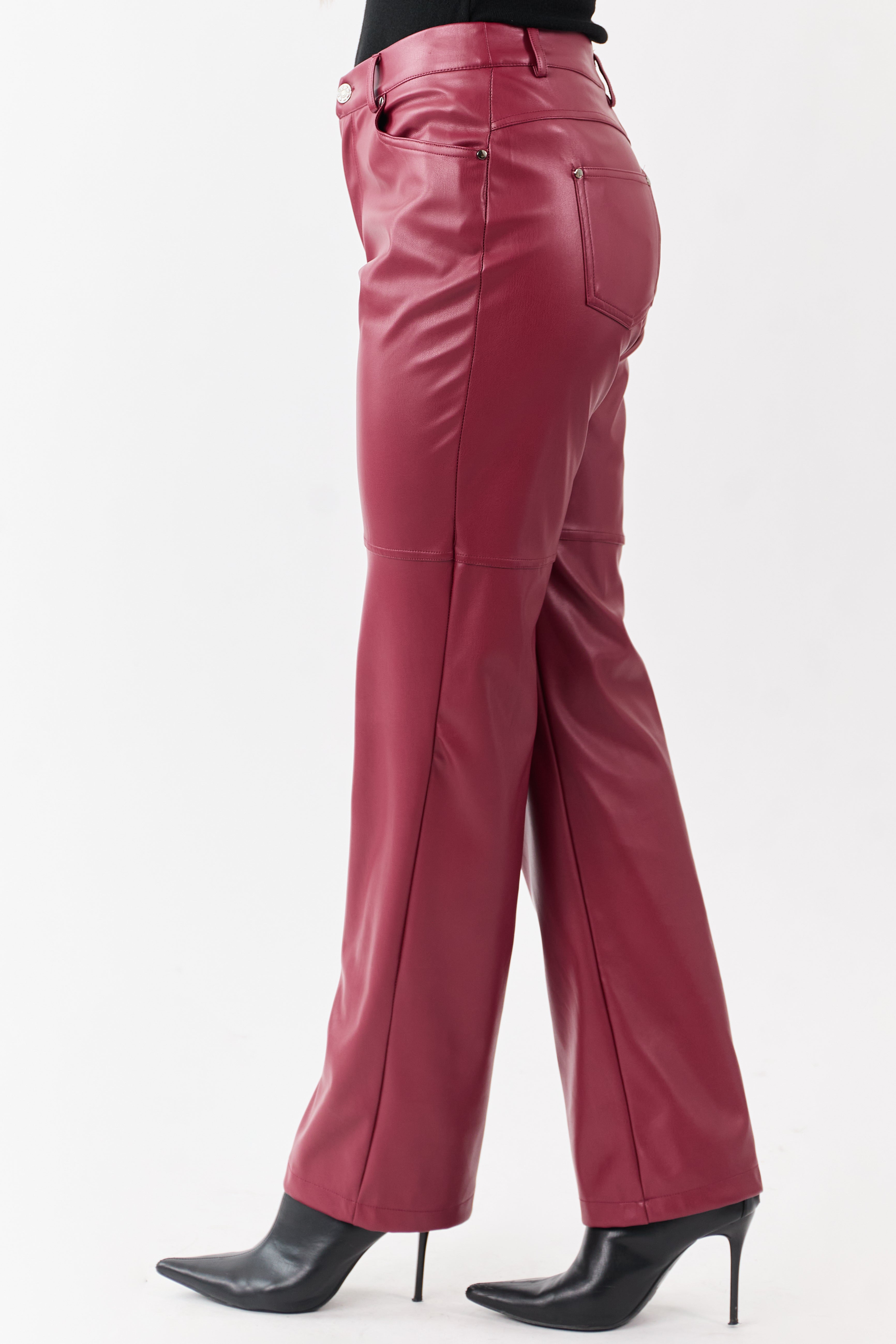 Maroon Faux Leather High Rise Straight Pants