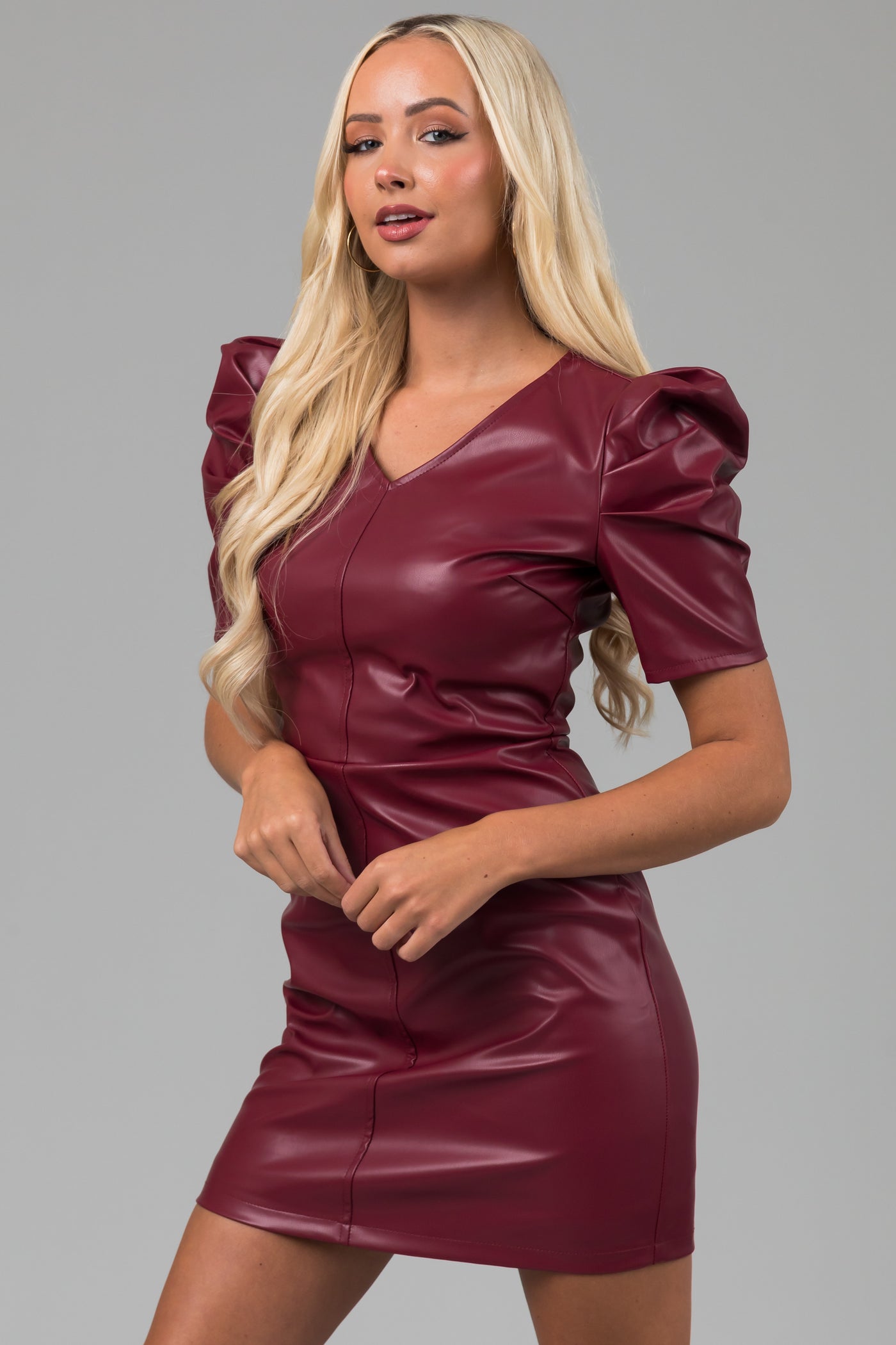 She+Sky Maroon Faux Leather Puff Sleeve Mini Dress