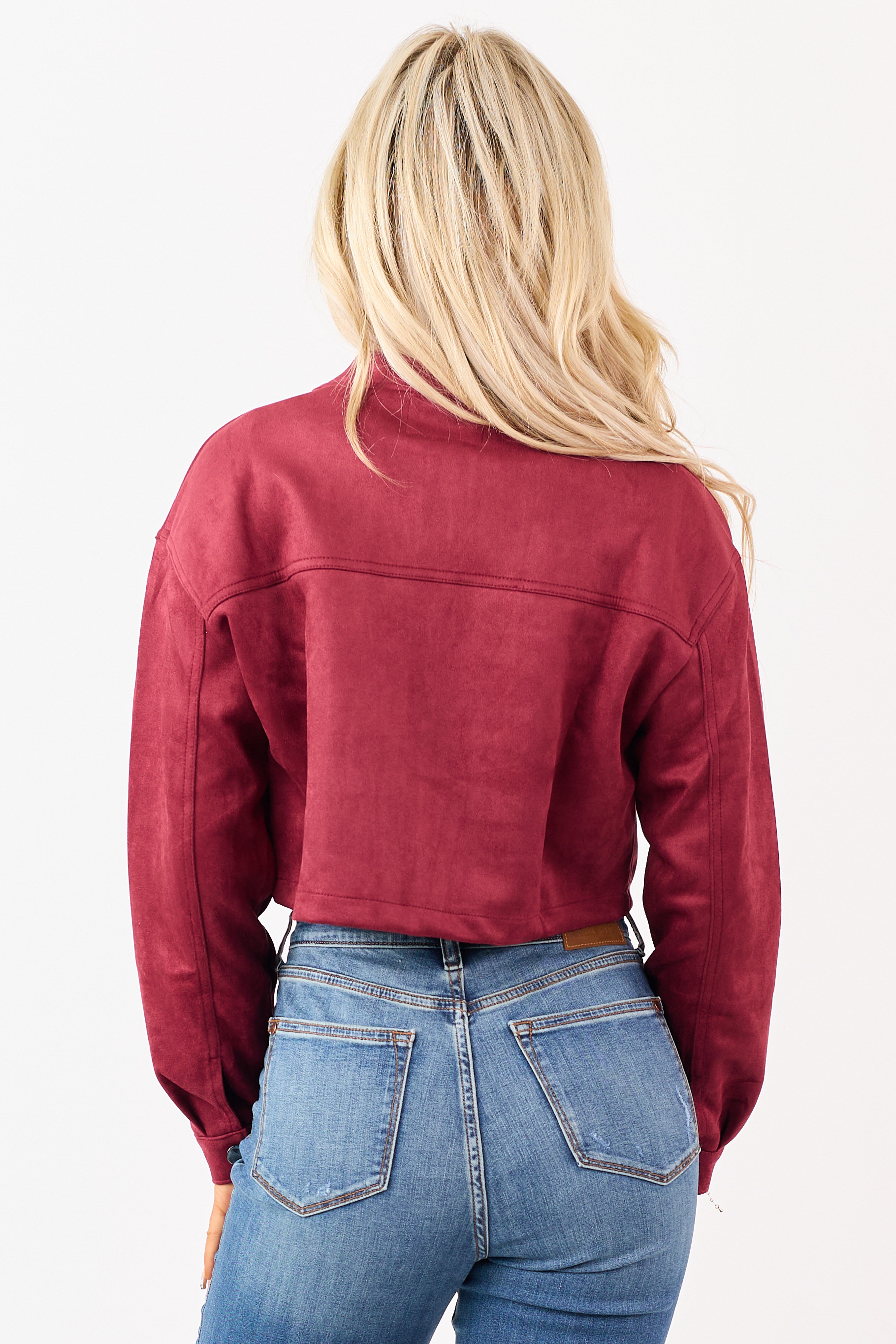 Maroon Faux Suede Cropped Collared Zip Up Jacket