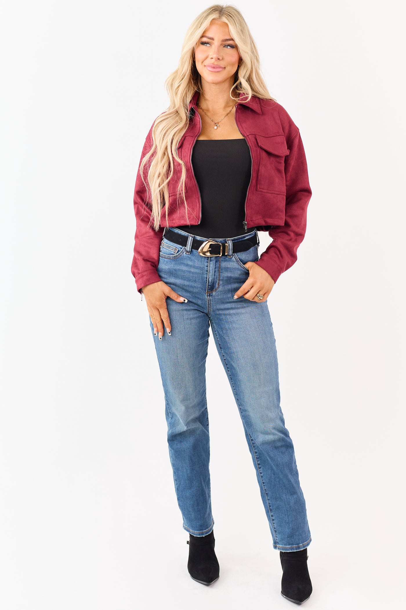 Maroon Faux Suede Cropped Collared Zip Up Jacket