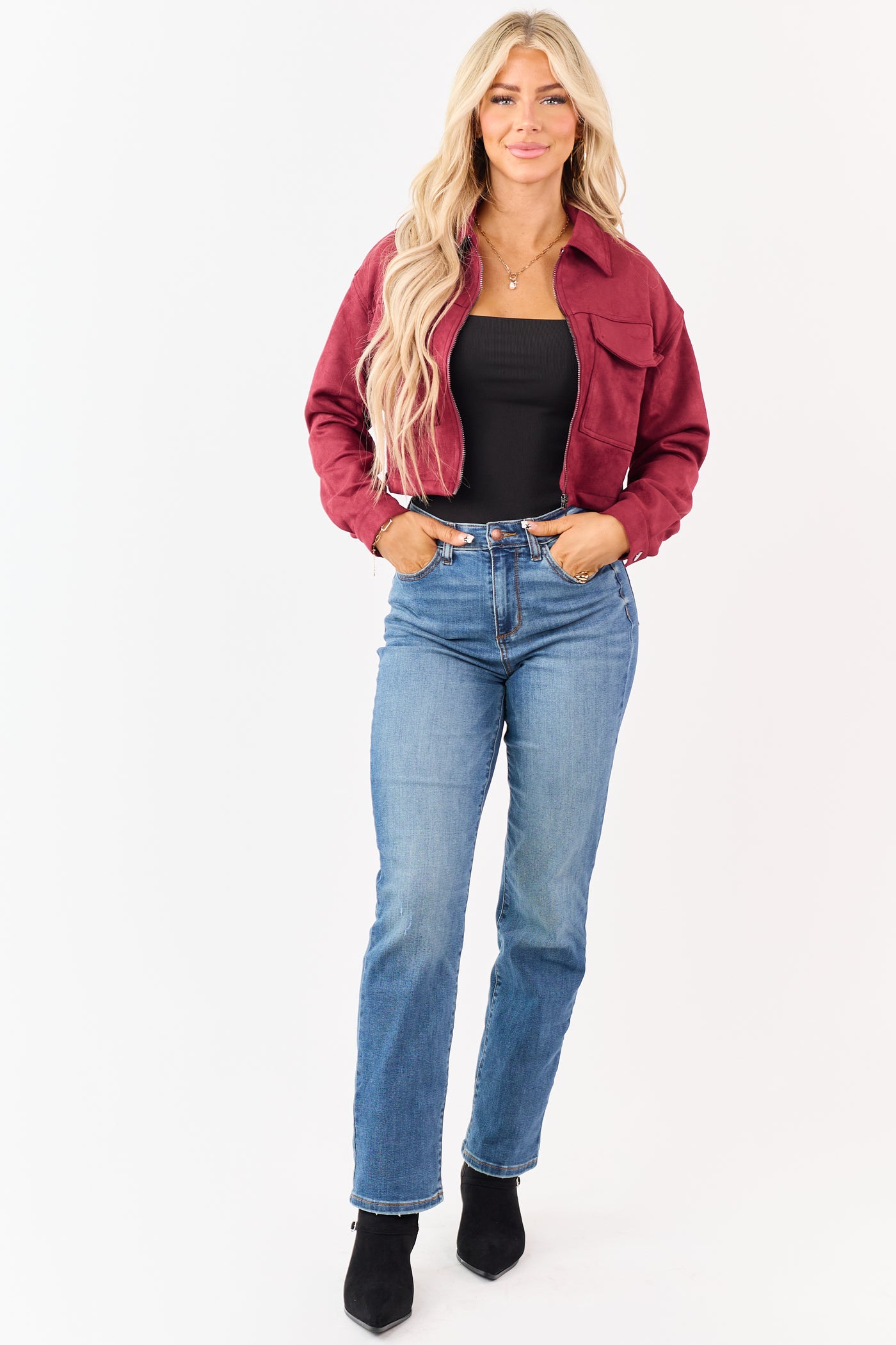 Maroon Faux Suede Cropped Collared Zip Up Jacket