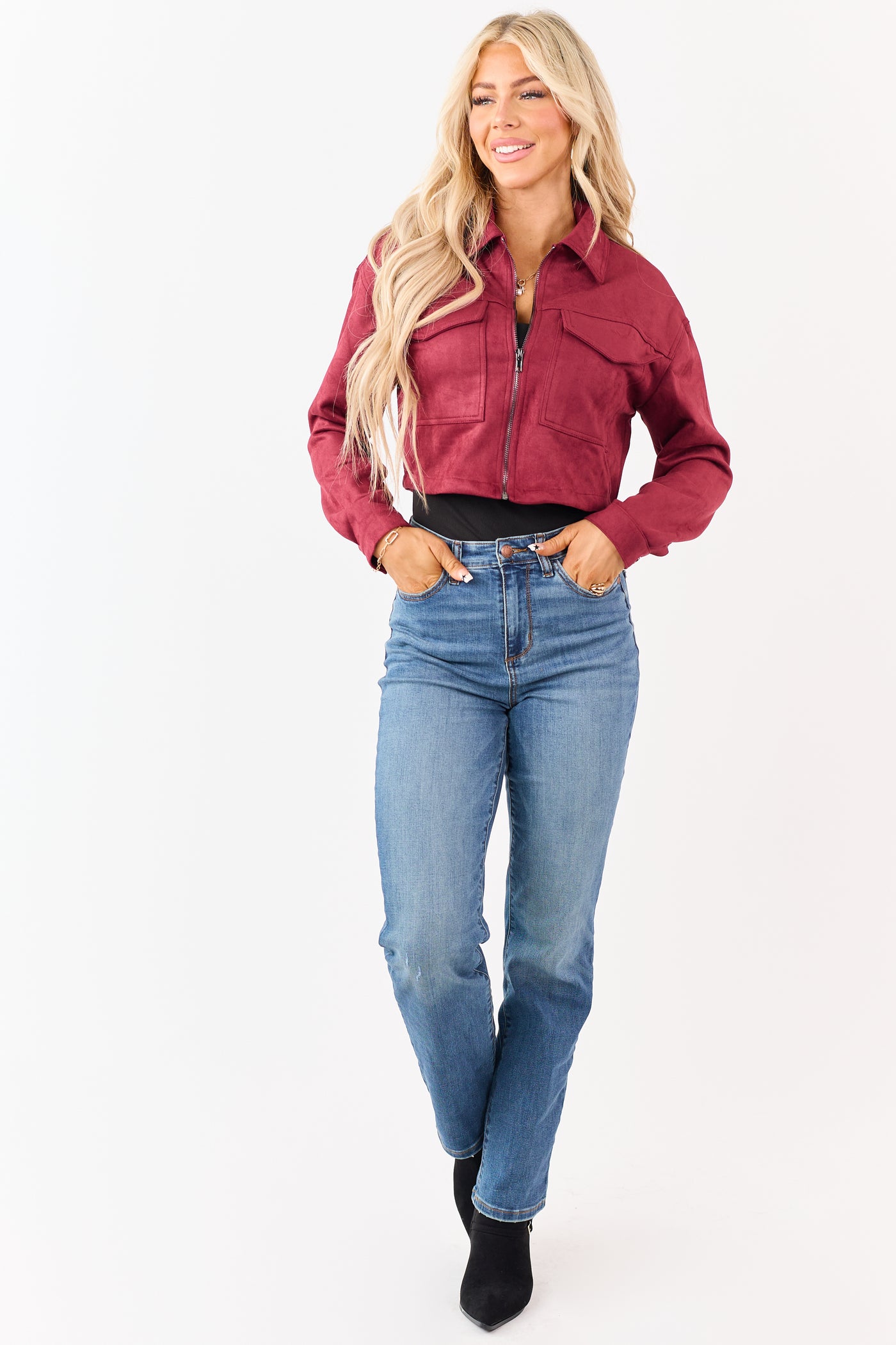 Maroon Faux Suede Cropped Collared Zip Up Jacket