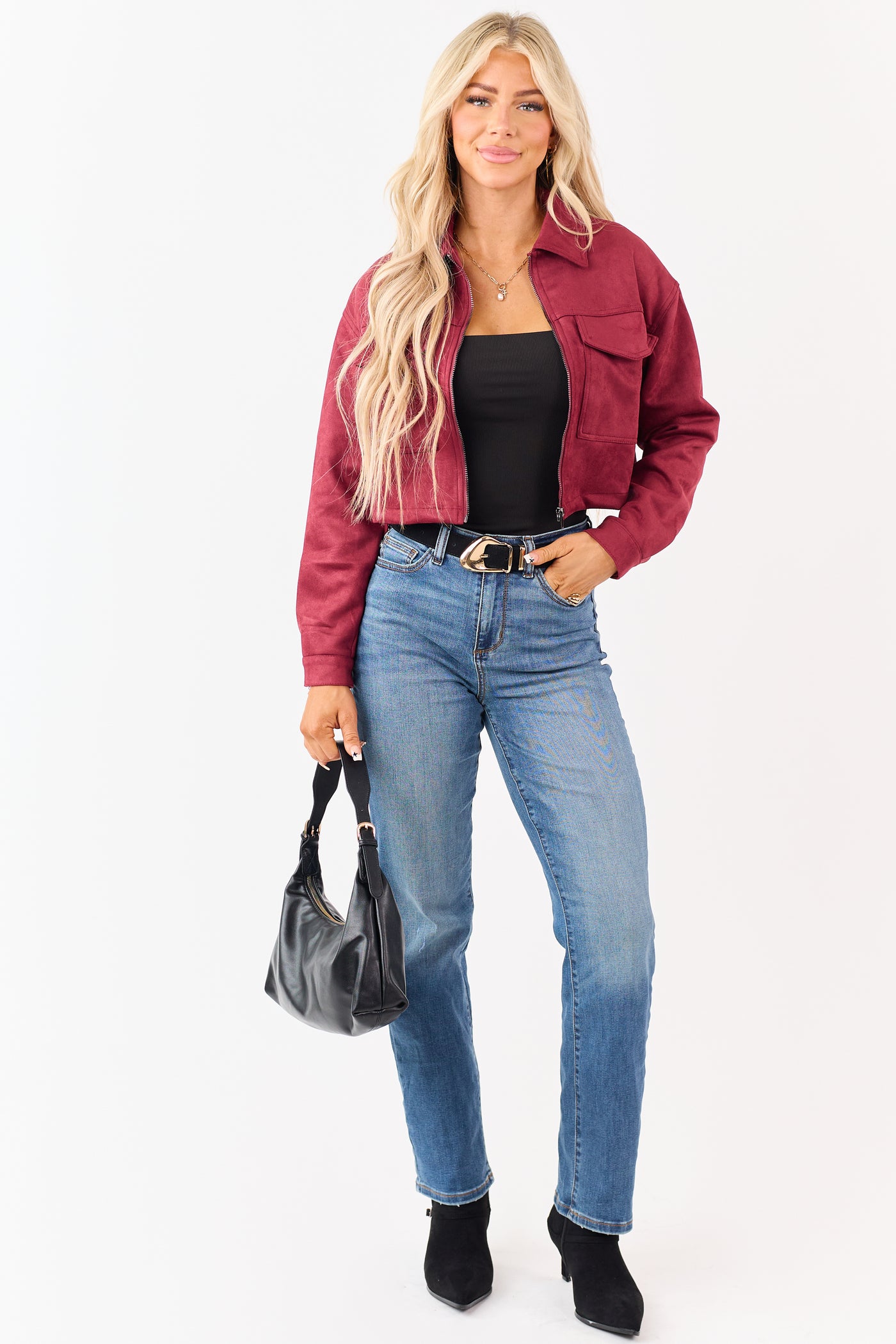 Maroon Faux Suede Cropped Collared Zip Up Jacket