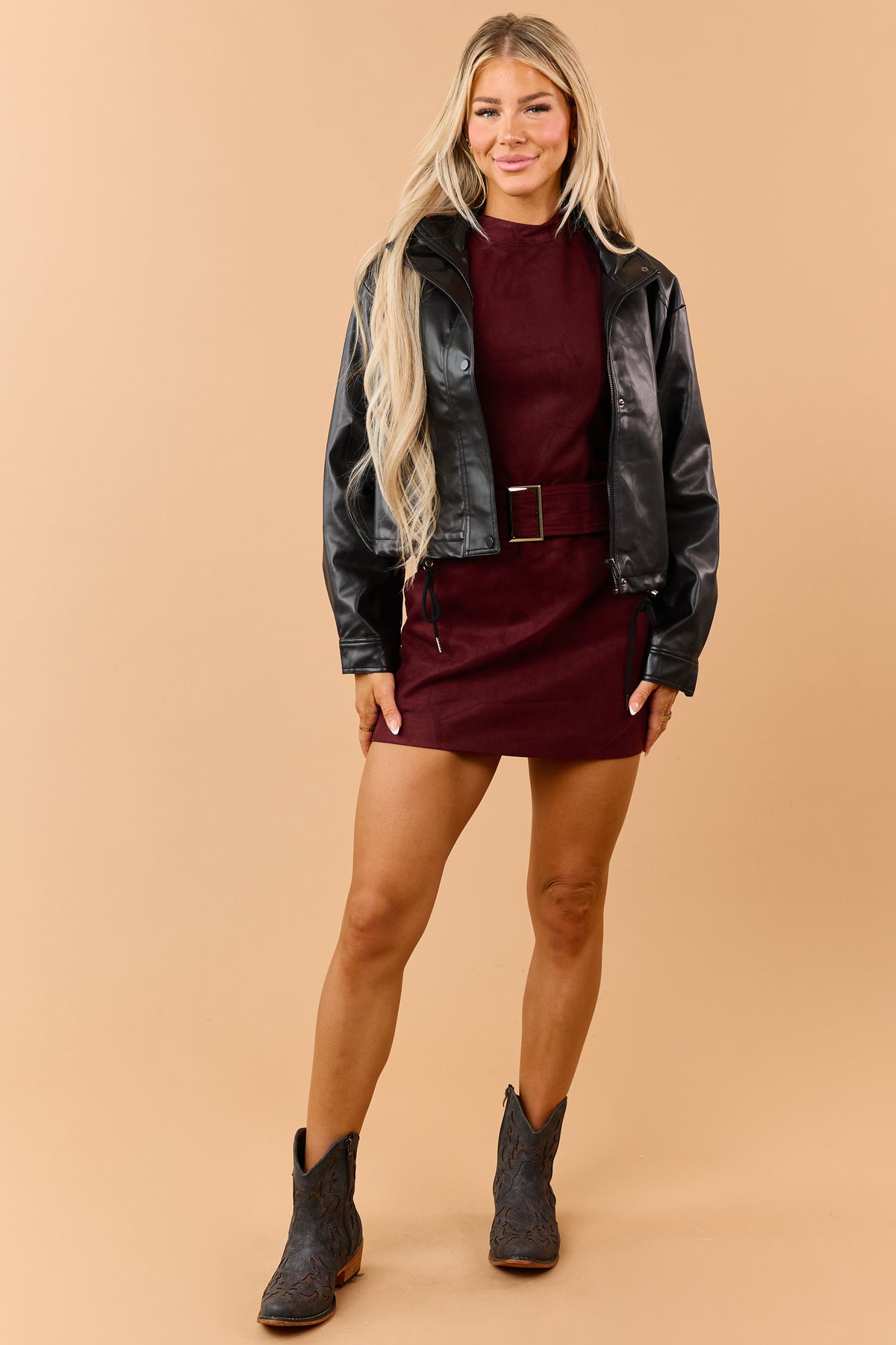 Maroon Faux Suede High Neck Belted Mini Dress