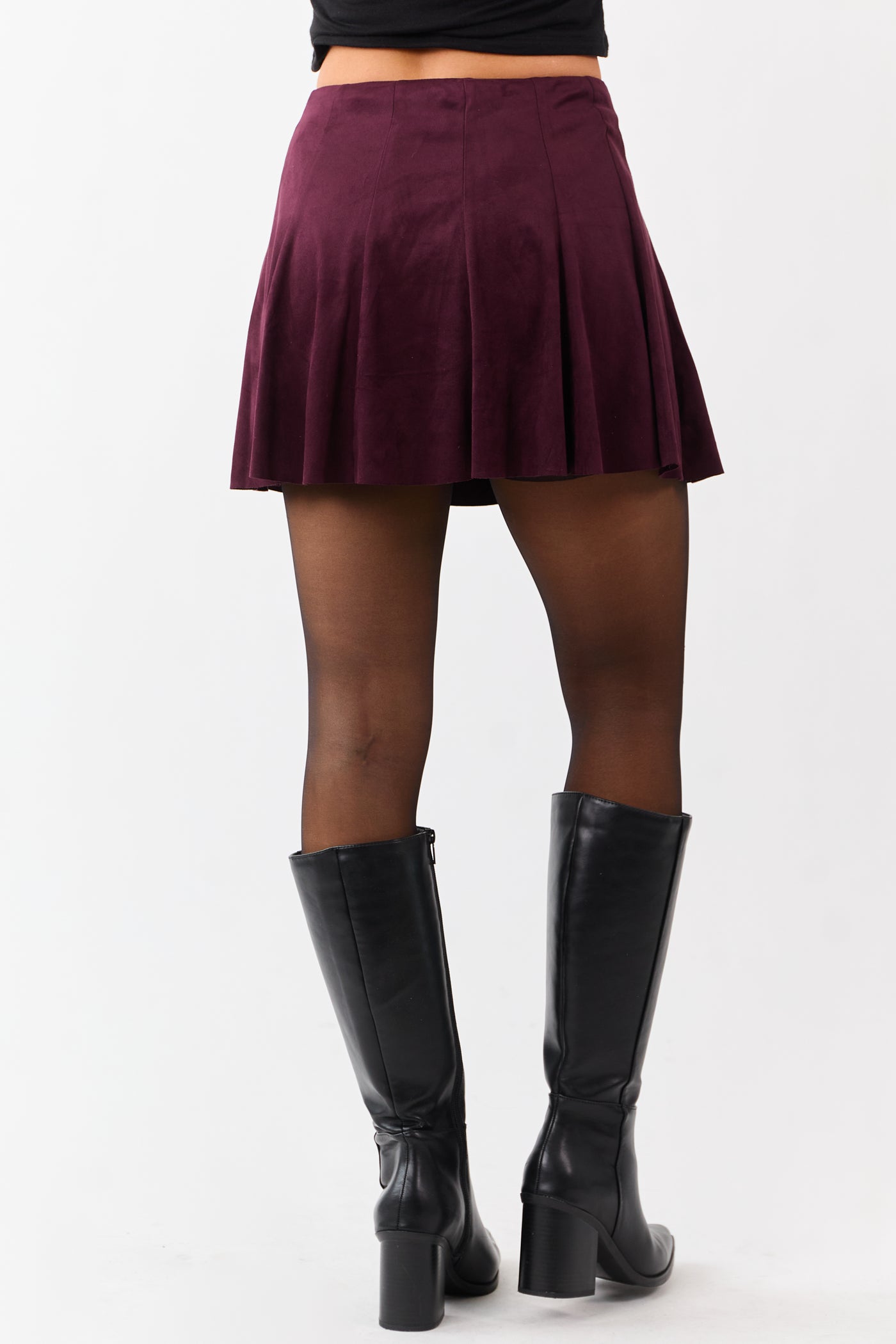 Maroon Faux Suede Pleated Flare Mini Skort