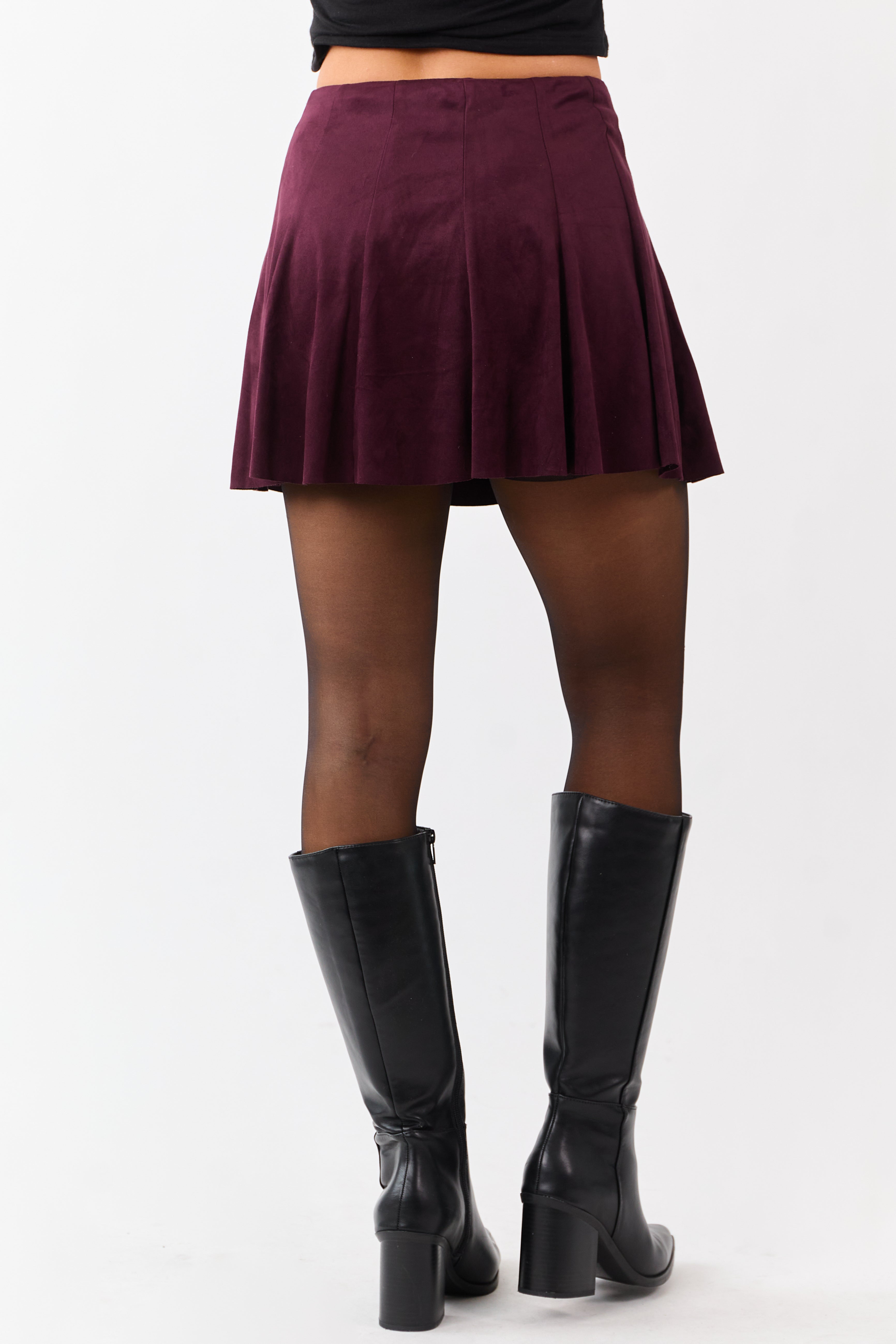 Maroon Faux Suede Pleated Flare Mini Skort