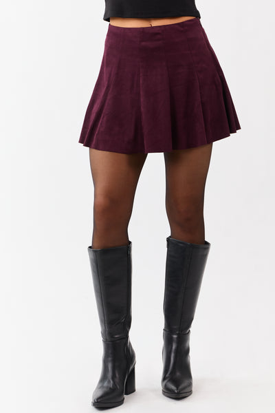 Maroon Faux Suede Pleated Flare Mini Skort