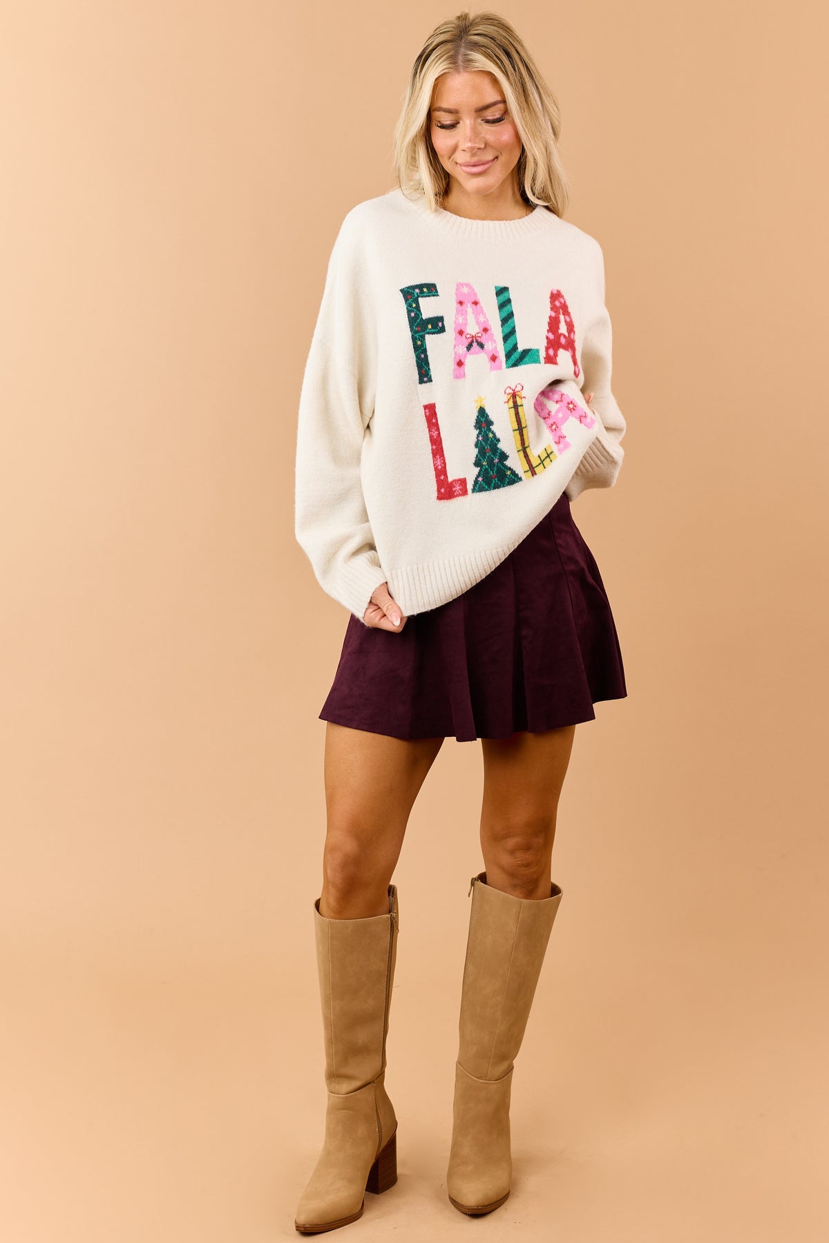Maroon Faux Suede Pleated Flare Mini Skort