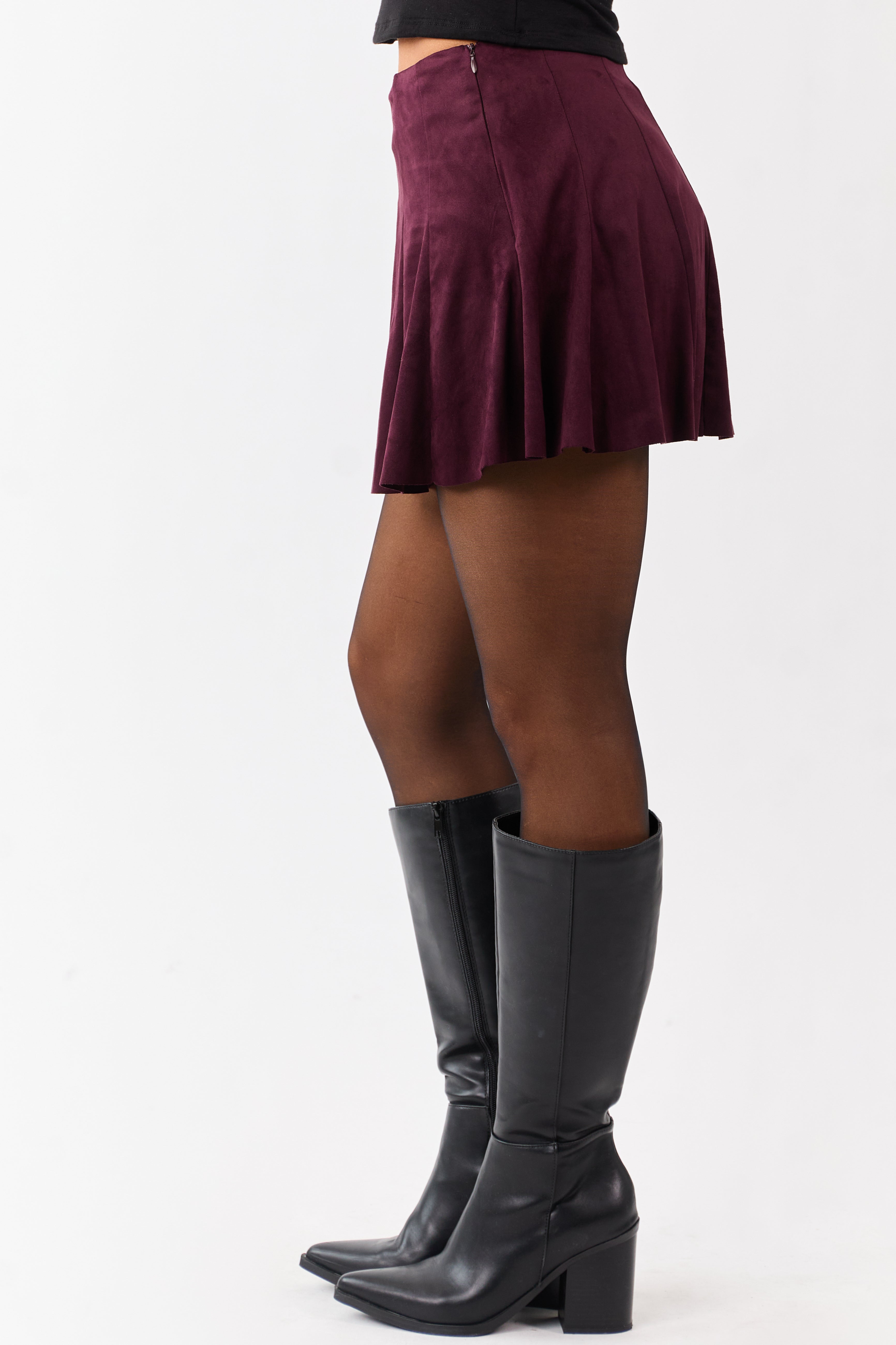 Maroon Faux Suede Pleated Flare Mini Skort