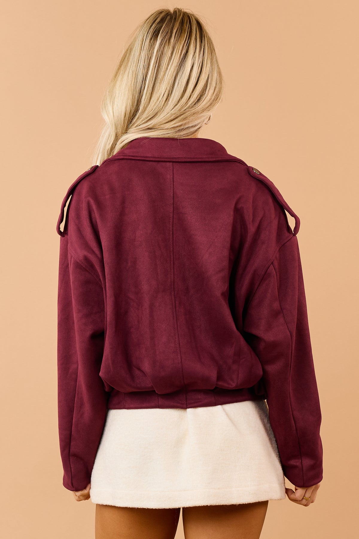 Maroon Faux Suede Zip Up Bomber Jacket