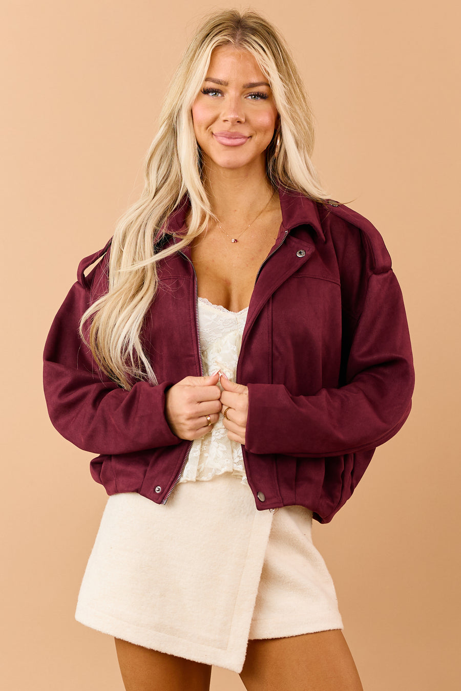 Maroon Faux Suede Zip Up Bomber Jacket