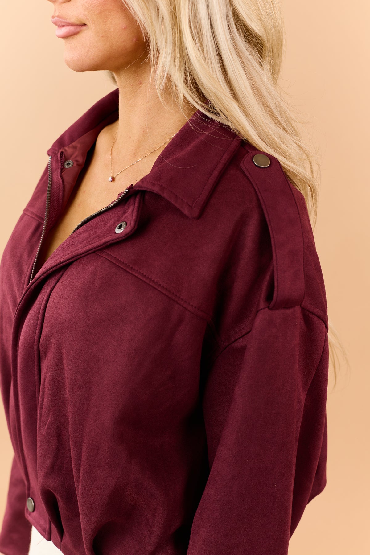 Maroon Faux Suede Zip Up Bomber Jacket