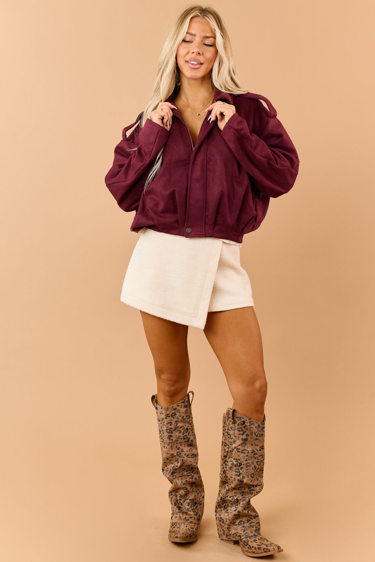 Maroon Faux Suede Zip Up Bomber Jacket