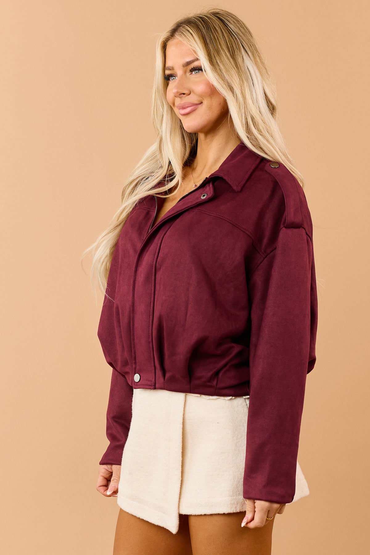 Maroon Faux Suede Zip Up Bomber Jacket