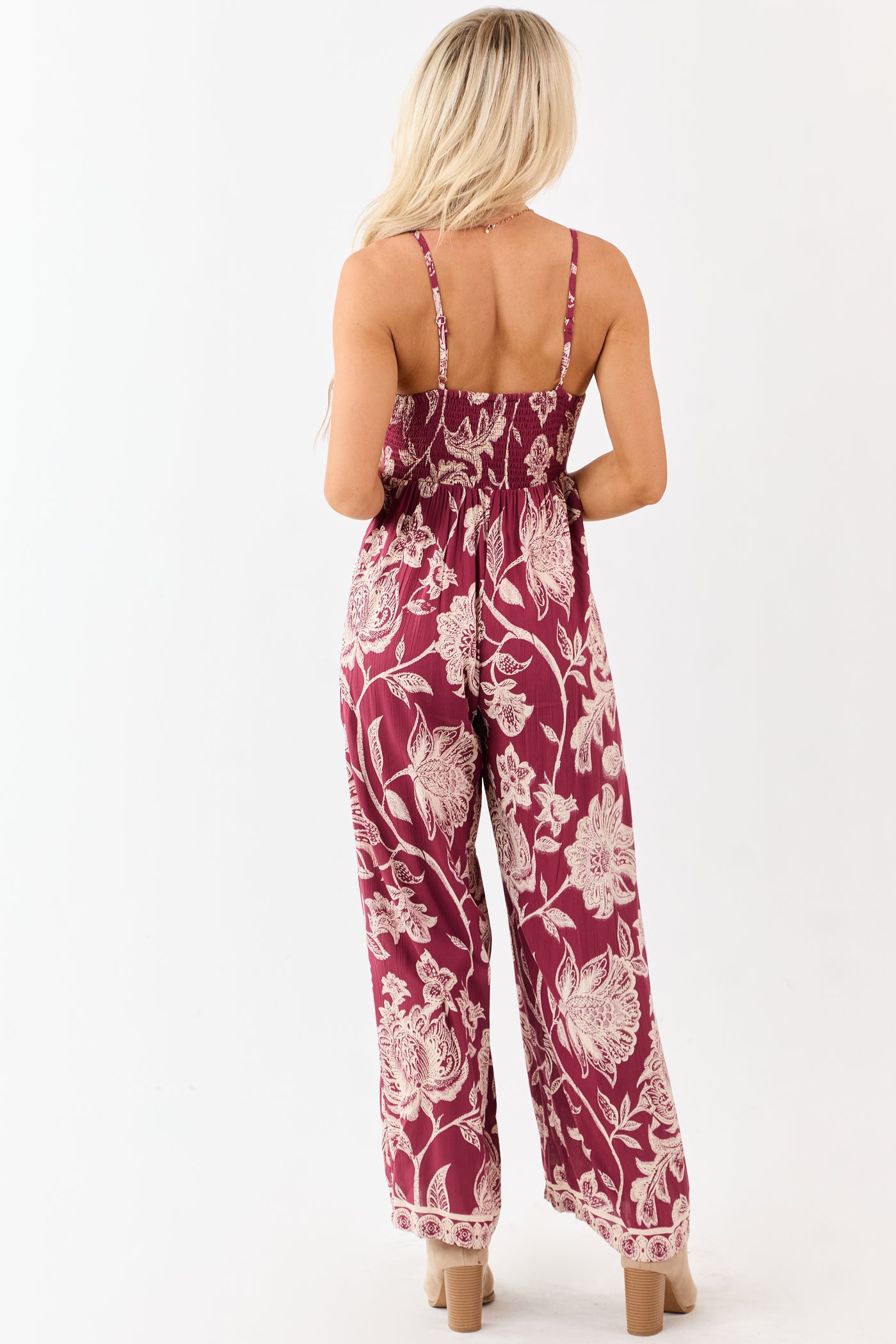 Maroon Floral Print Tie Bust Wide Leg Jumpsuit