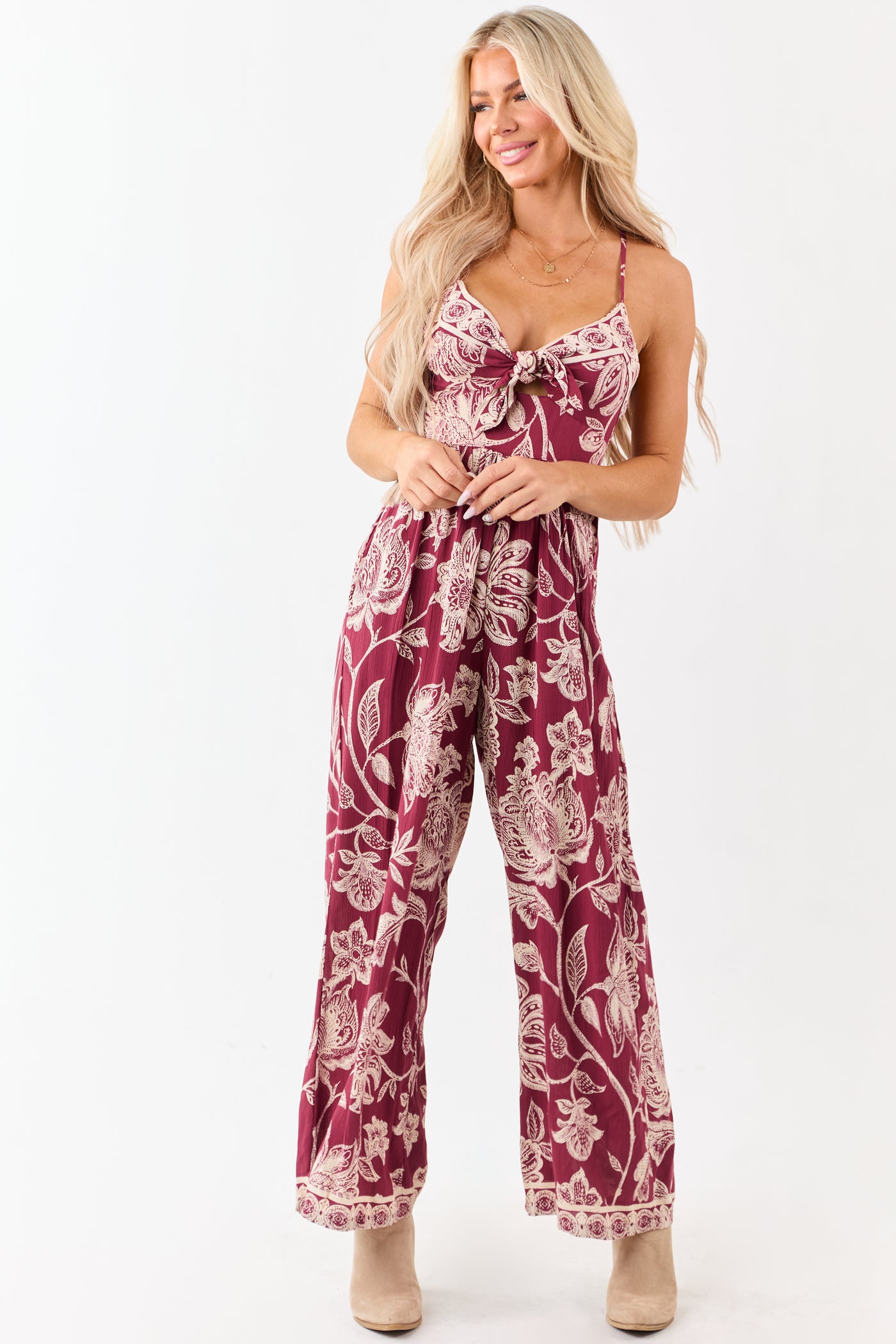 Maroon Floral Print Tie Bust Wide Leg Jumpsuit