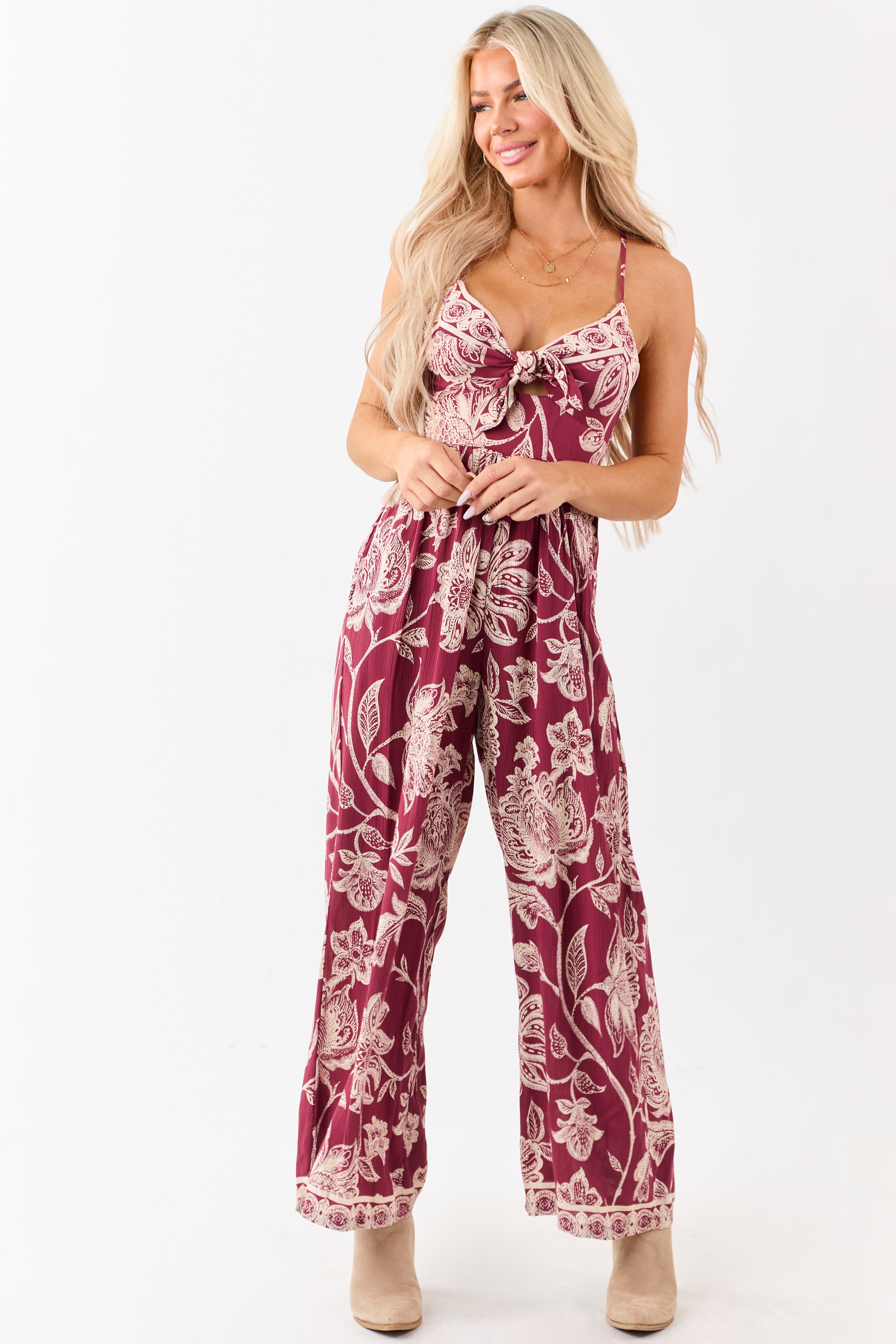 Maroon Floral Print Tie Bust Wide Leg Jumpsuit