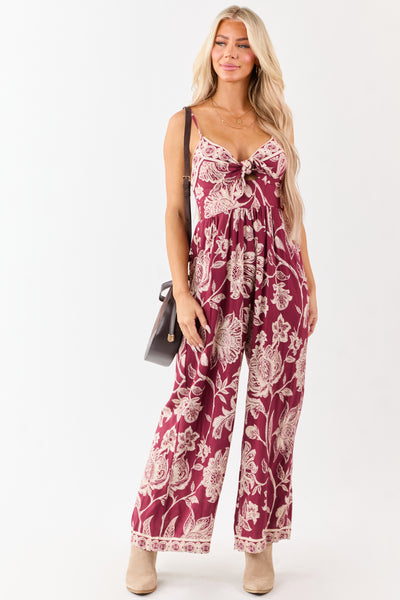 Maroon Floral Print Tie Bust Wide Leg Jumpsuit