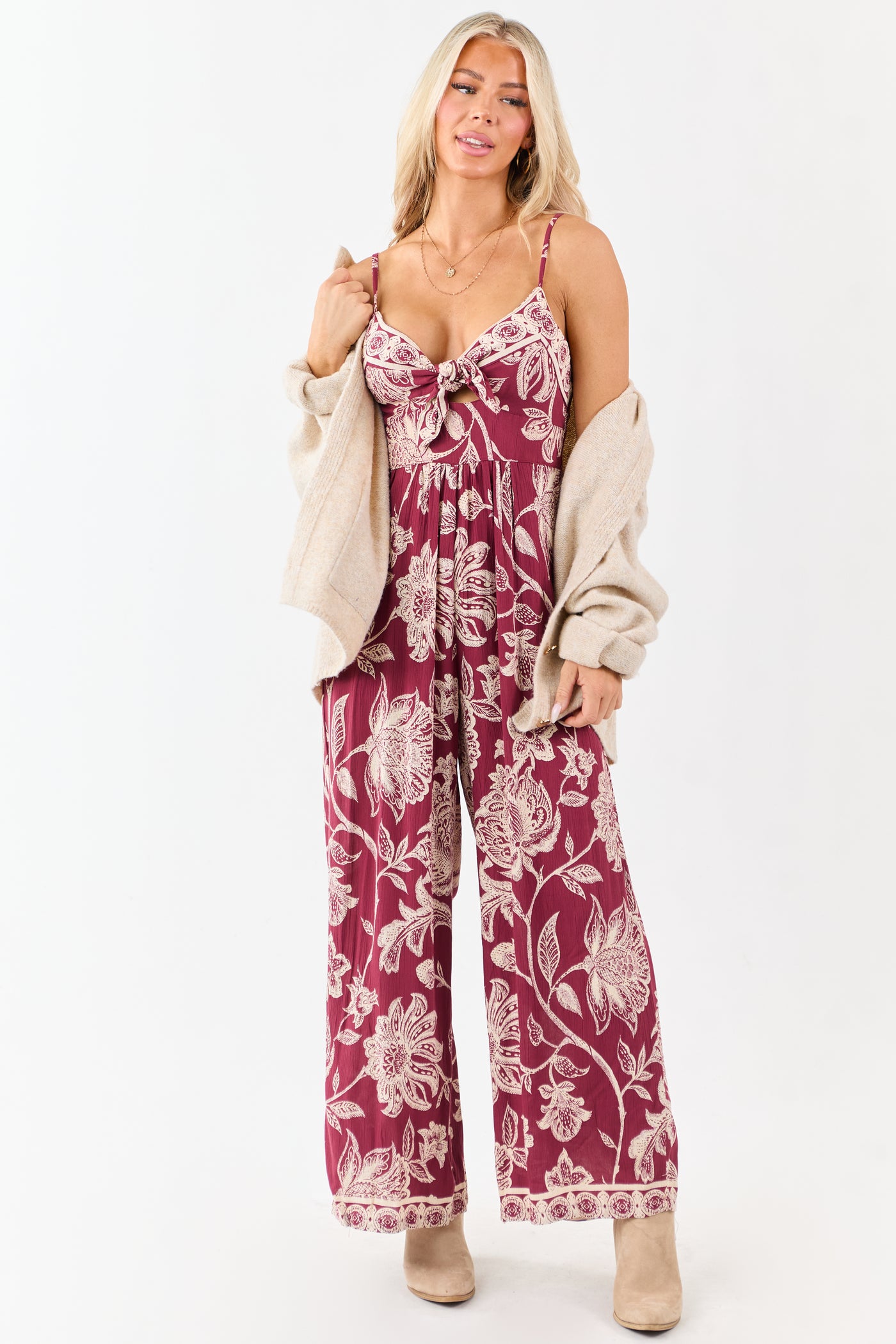 Maroon Floral Print Tie Bust Wide Leg Jumpsuit