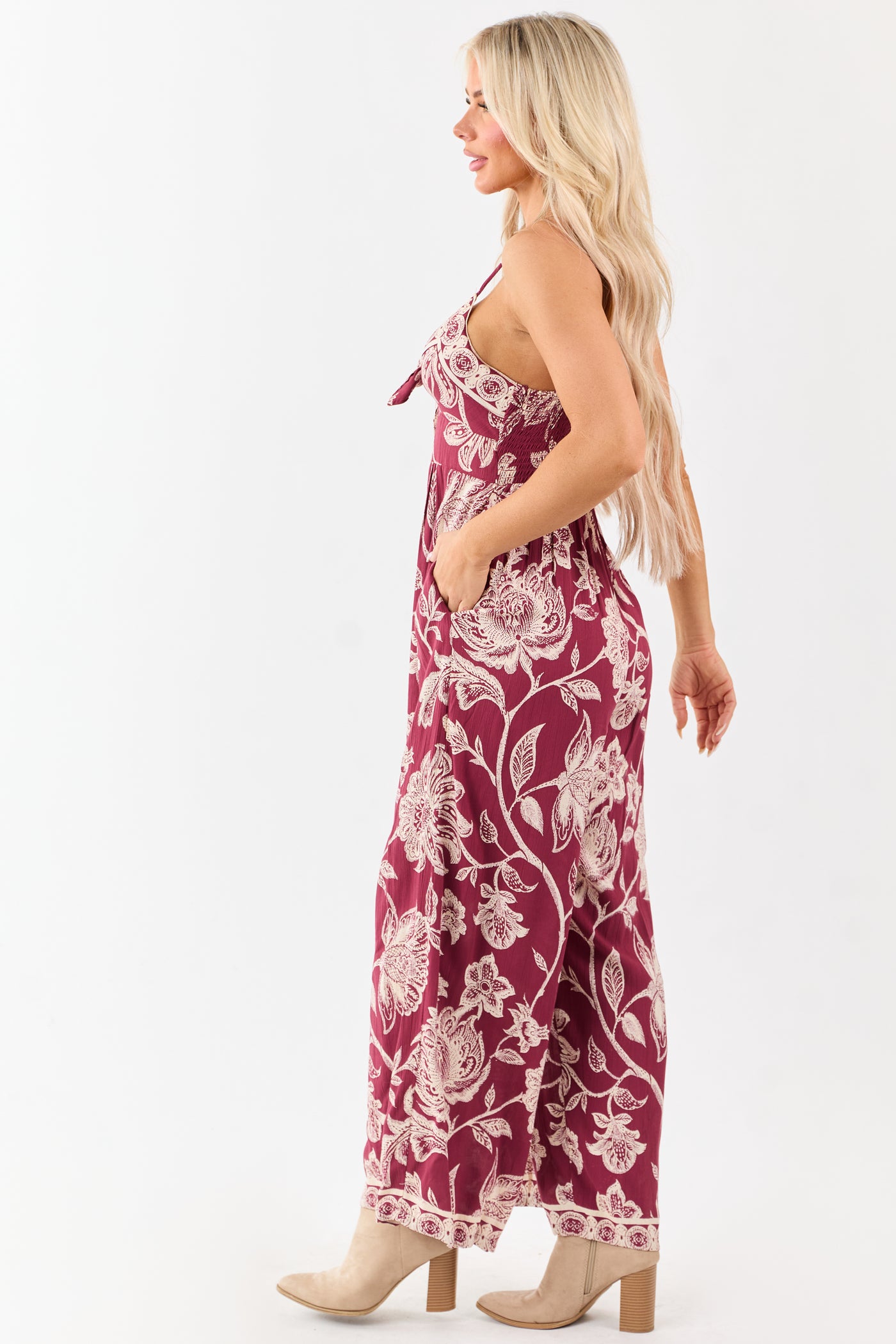 Maroon Floral Print Tie Bust Wide Leg Jumpsuit