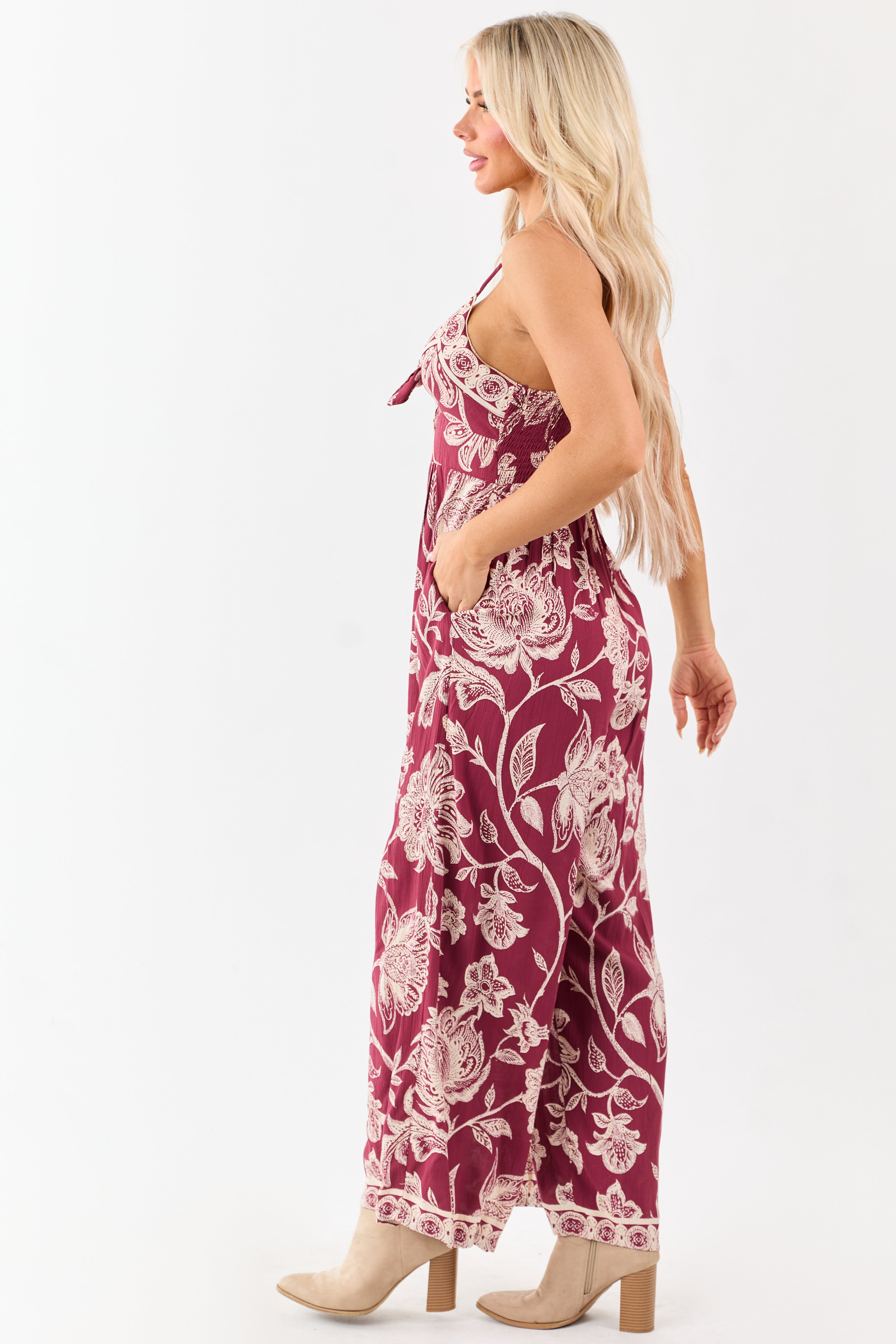 Maroon Floral Print Tie Bust Wide Leg Jumpsuit