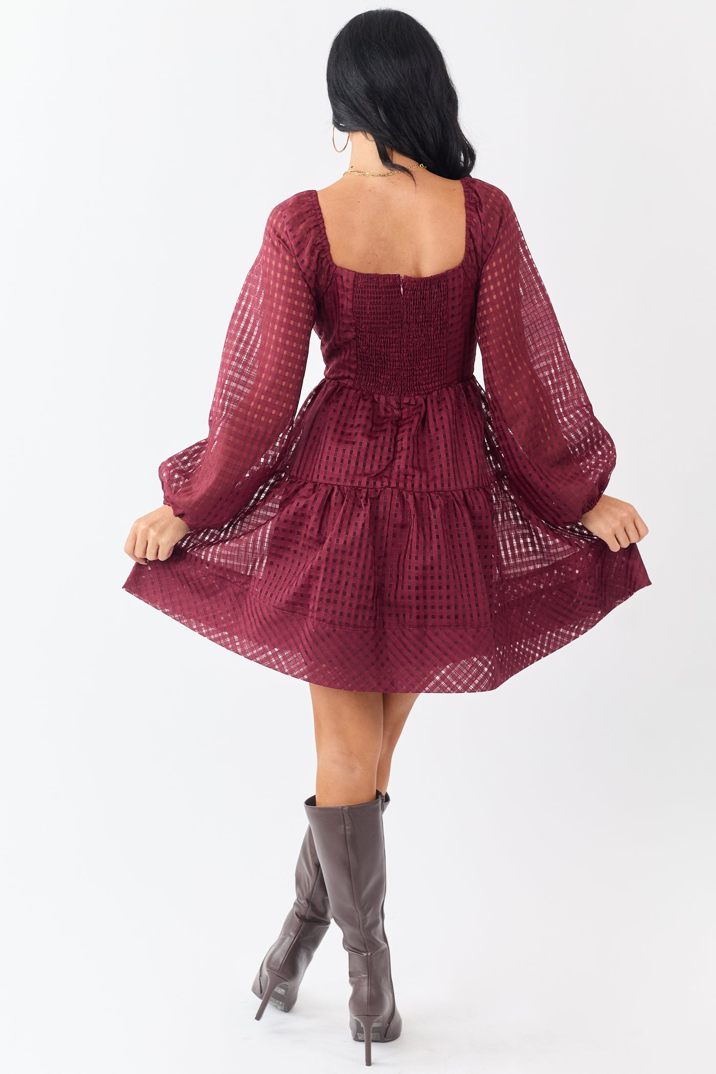Maroon Grid Pattern Sweetheart Neck Mini Dress