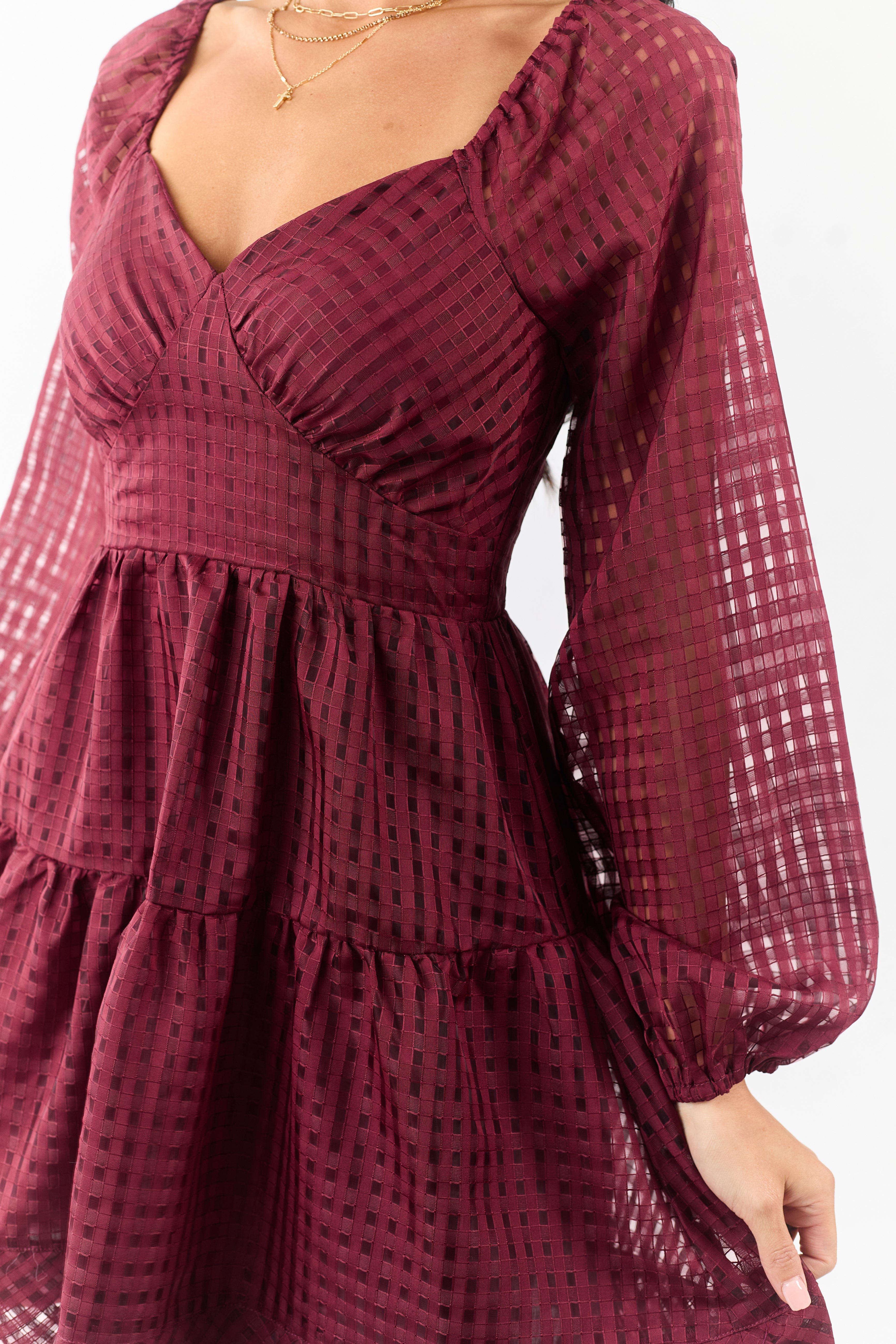 Maroon Grid Pattern Sweetheart Neck Mini Dress