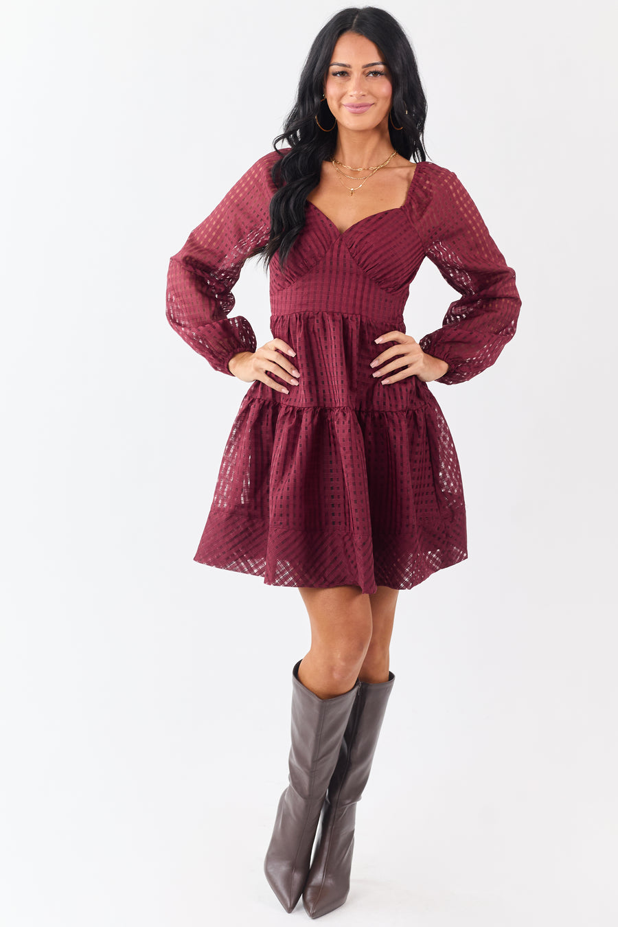 Maroon Grid Pattern Sweetheart Neck Mini Dress