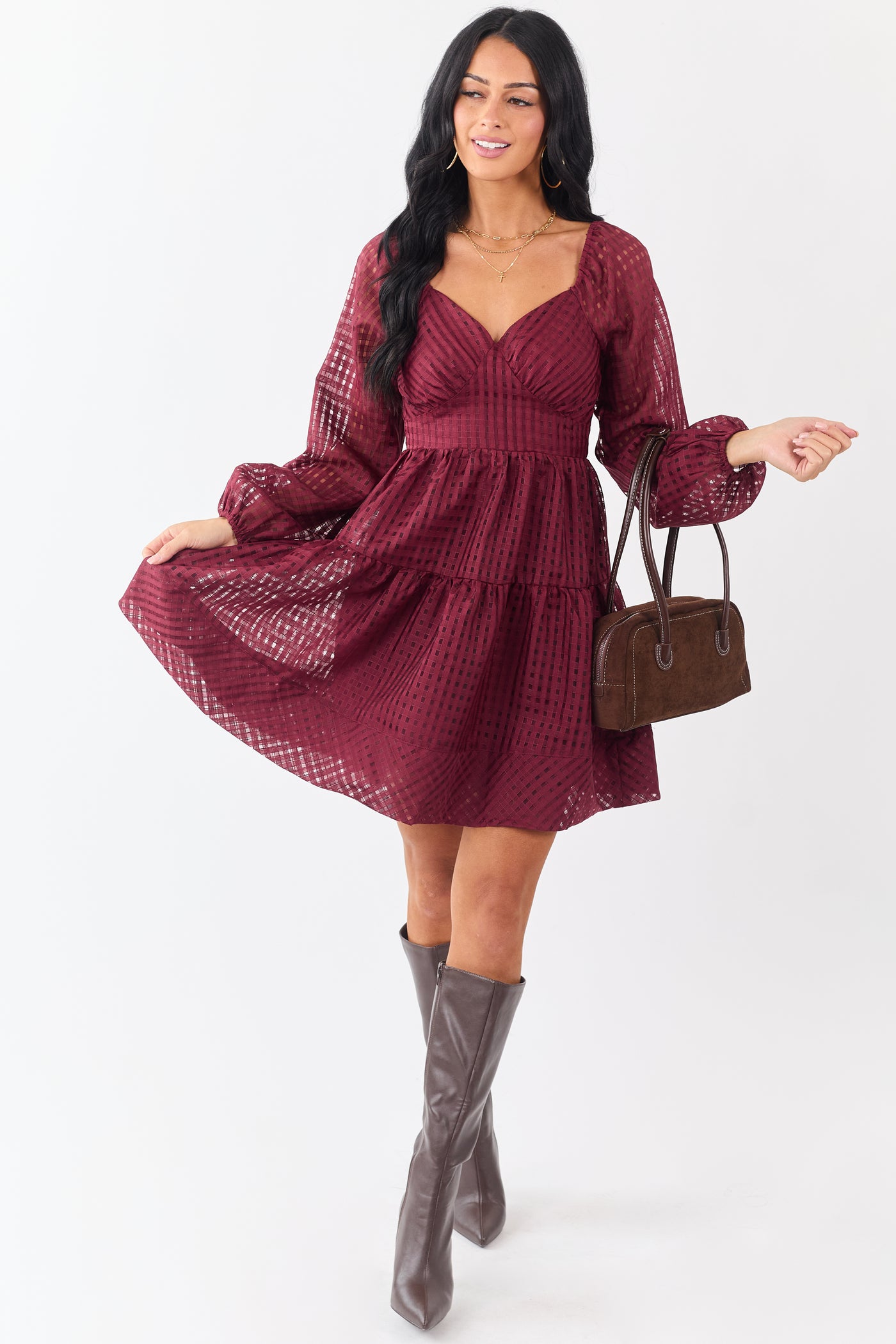 Maroon Grid Pattern Sweetheart Neck Mini Dress