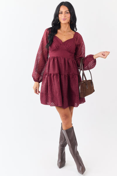 Maroon Grid Pattern Sweetheart Neck Mini Dress