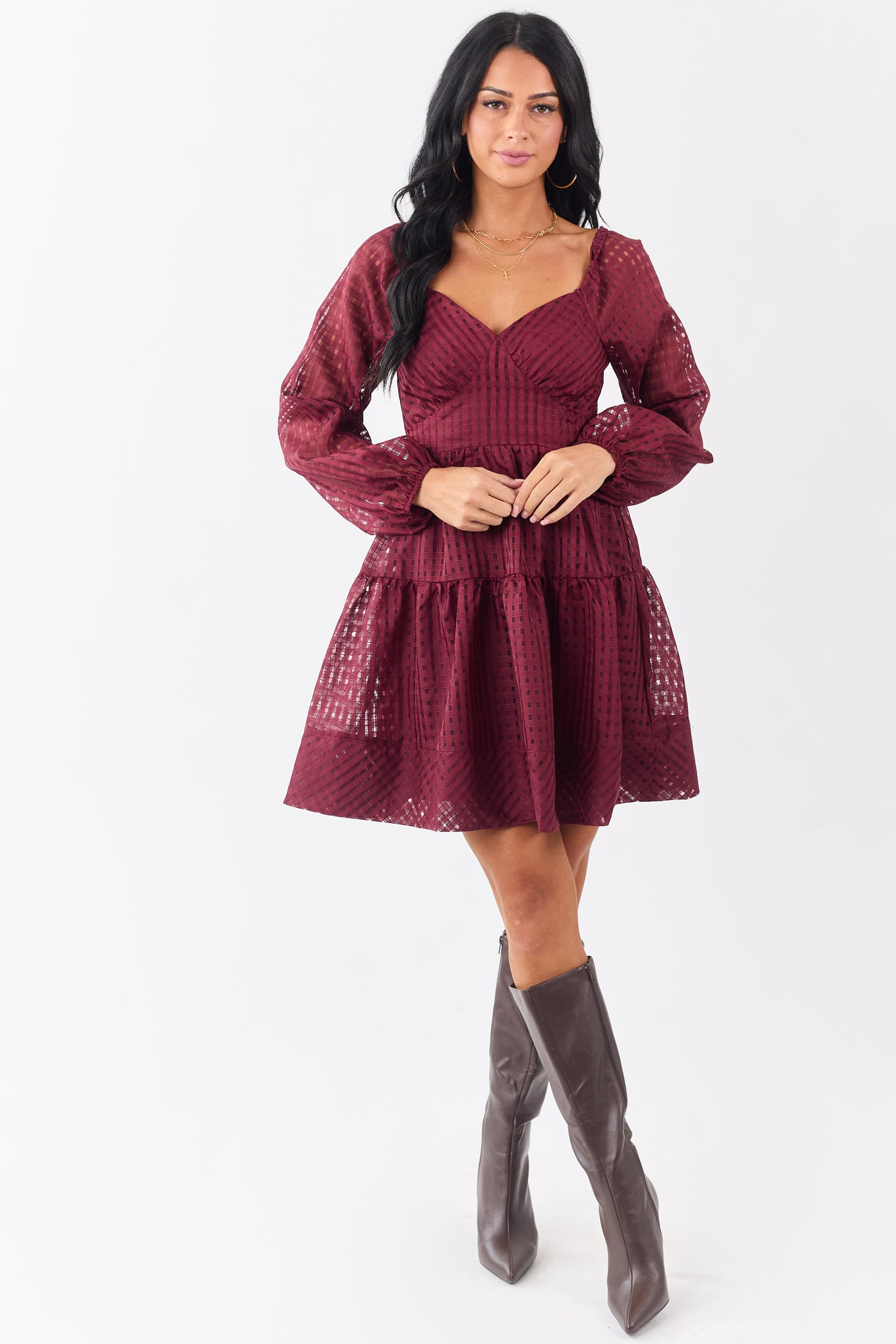 Maroon Grid Pattern Sweetheart Neck Mini Dress