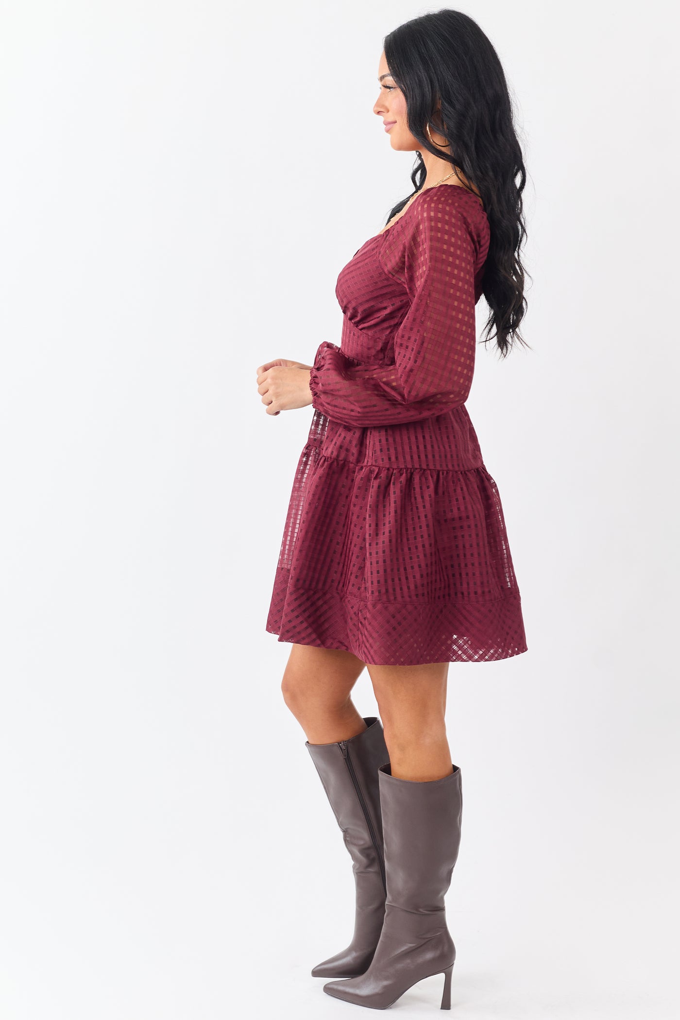 Maroon Grid Pattern Sweetheart Neck Mini Dress