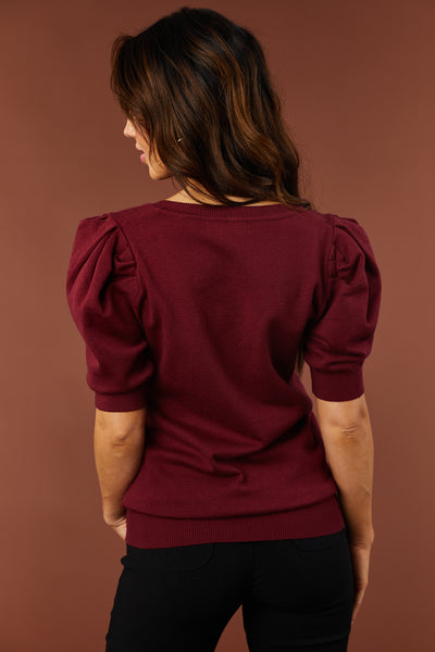 Maroon Half Puff Sleeve V Neck Soft Sweater