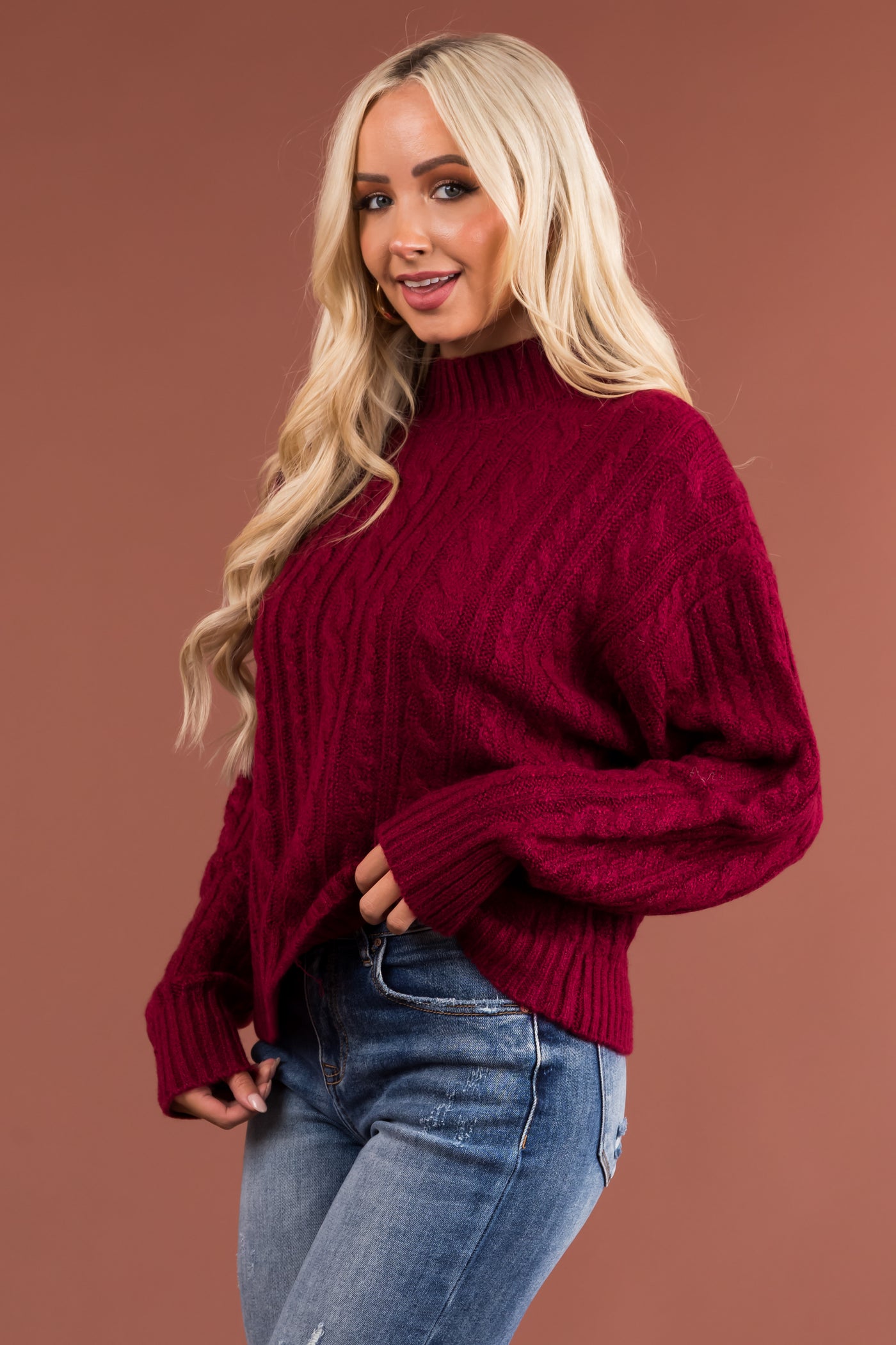 Maroon High Neck Cable Knit Sweater